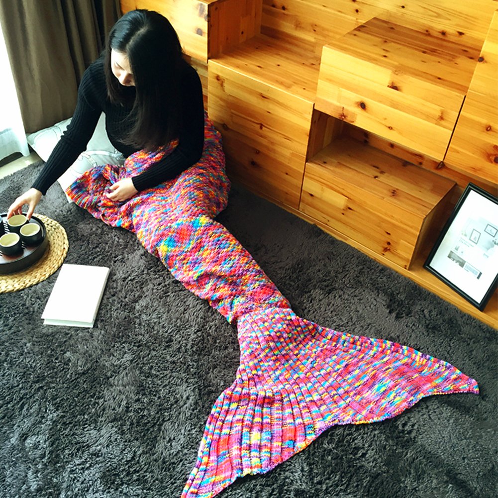 Awkli Warm Mermaid Tail Blanket Crochet Super Soft Comfortable Suitable for All Seasons Sofa Blankets Gift for Christmas, Halloween, Thanks Giving Day, Valentine\'s (Colorful)