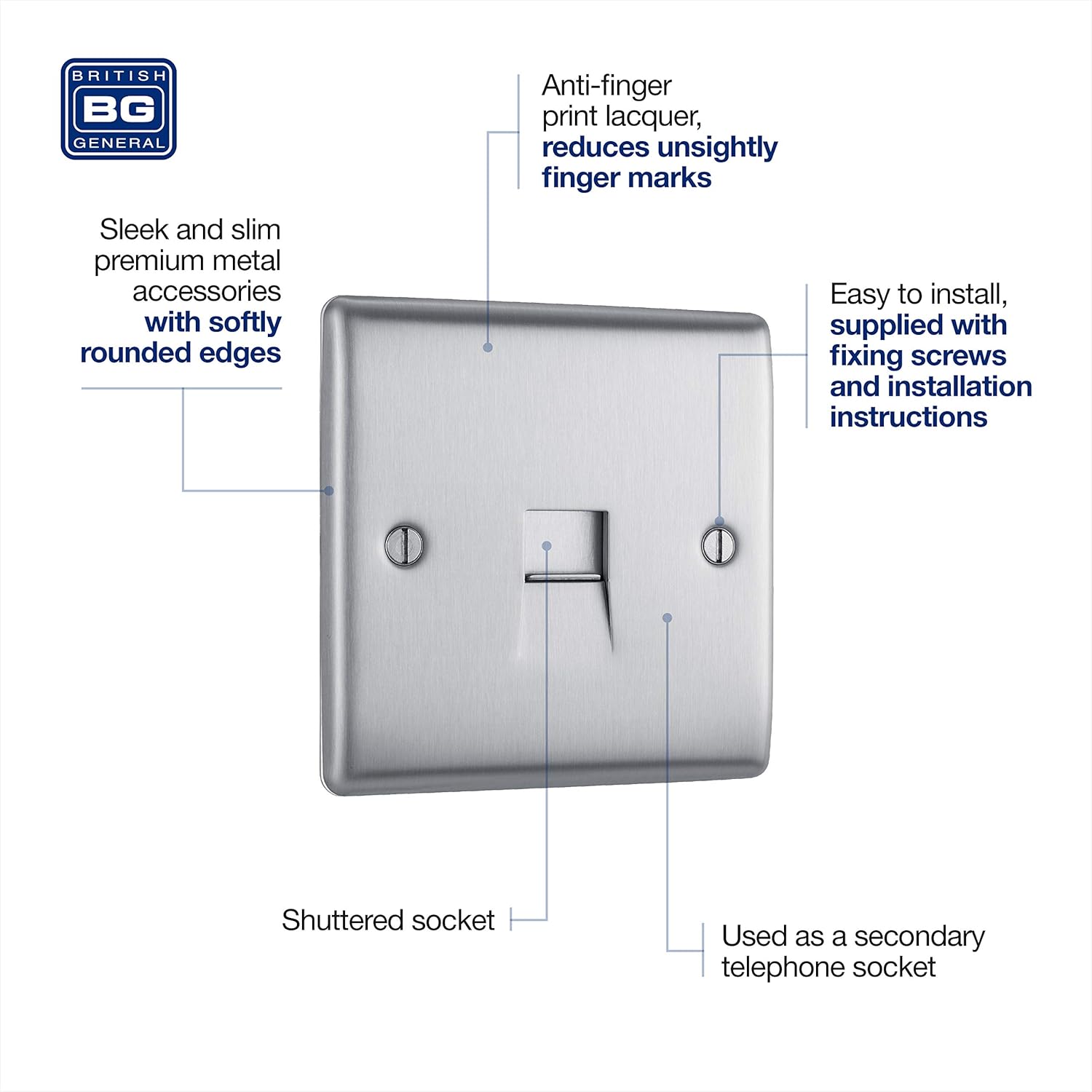 BG Electrical NBSBTS101 Single Telephone Slave Socket, Brushed Steel