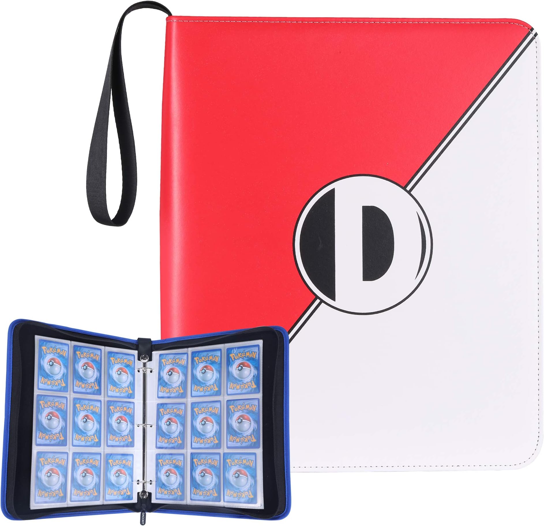 D DACCKIT Carrying Case Binder Compatible with Pokemon Cards, Trading Cards Collectors Album with 50 Premium 9-Pocket Pages, Holds Up to 900 Cards（Red and White）