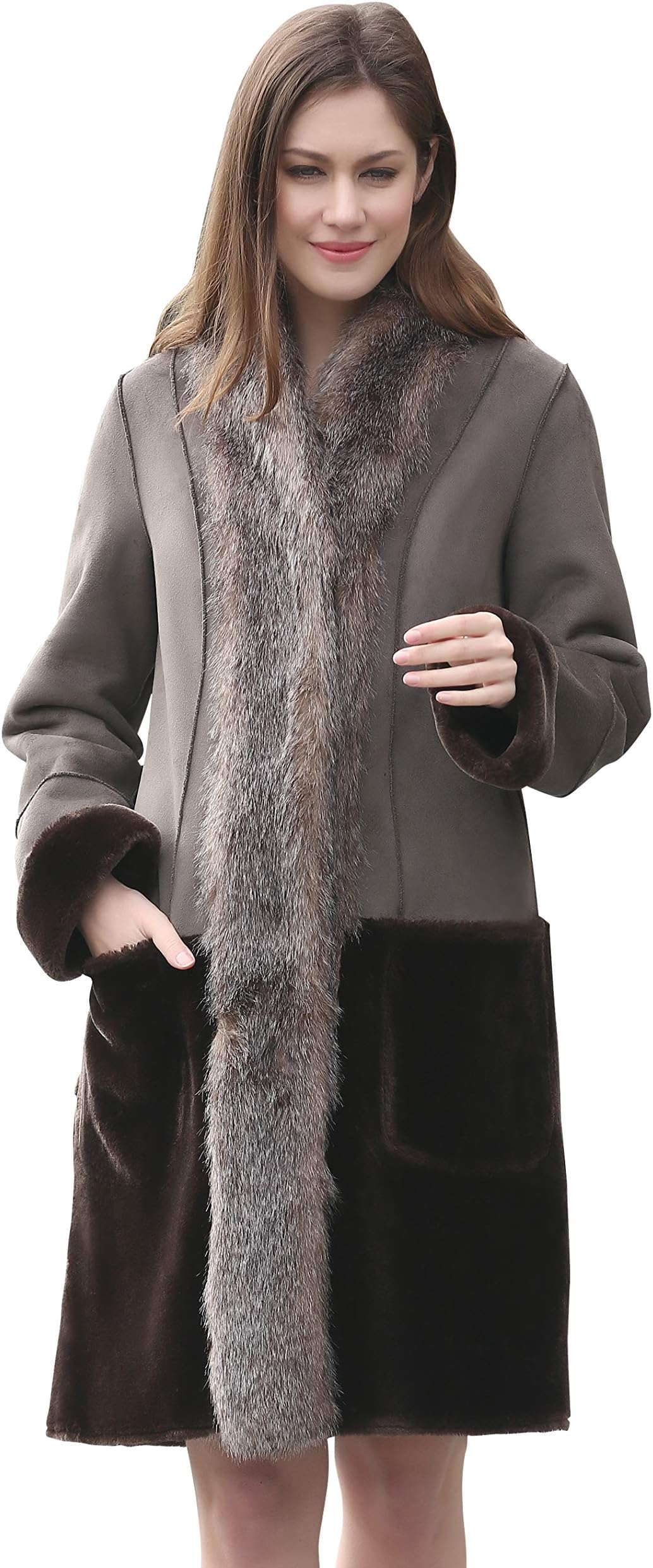 Adelaqueen Women's Grey Faux Fur Border with Sheard Mink Coat