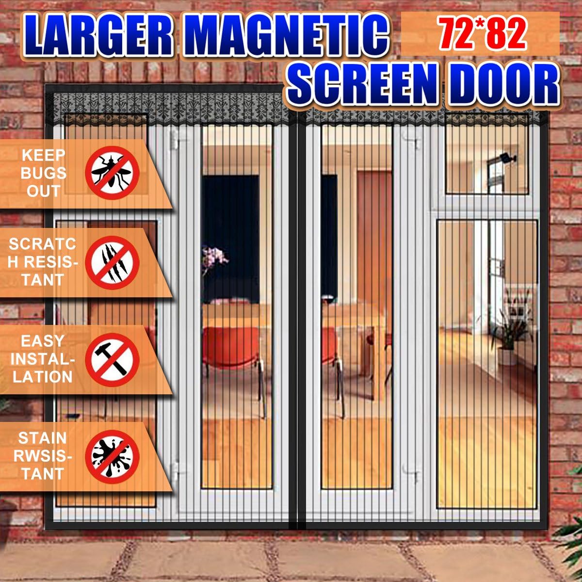 Magnetic Screen Door 72 x 82 Inch for French Door, Full Frame Velcro Wide Mega Mesh Door Fit Size up to 70''(w)x81''(h) Max, PLUSARGENT Double Sliding Screen Door Curtain Slab Doors Keep Fly Mosquito