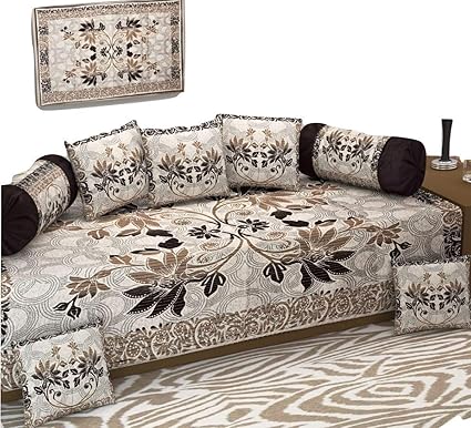 Decoholic Heavy Fabric Floral Design Diwan Bedsheet (Coffee) - Set of 8 Pieces