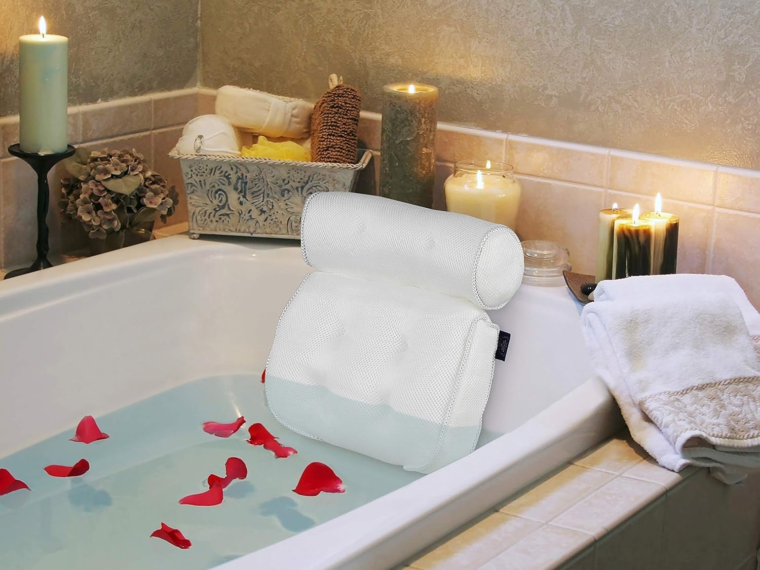 Regal Bazaar Luxury Bath Pillow - White Quick-Drying Mesh Fabric with 6 Large Suction Cups, Hanging Hook and Carry Bag - Bathtub Cushion for Head and Upper Back Support - Great Gift Idea: Kitchen & Dining
