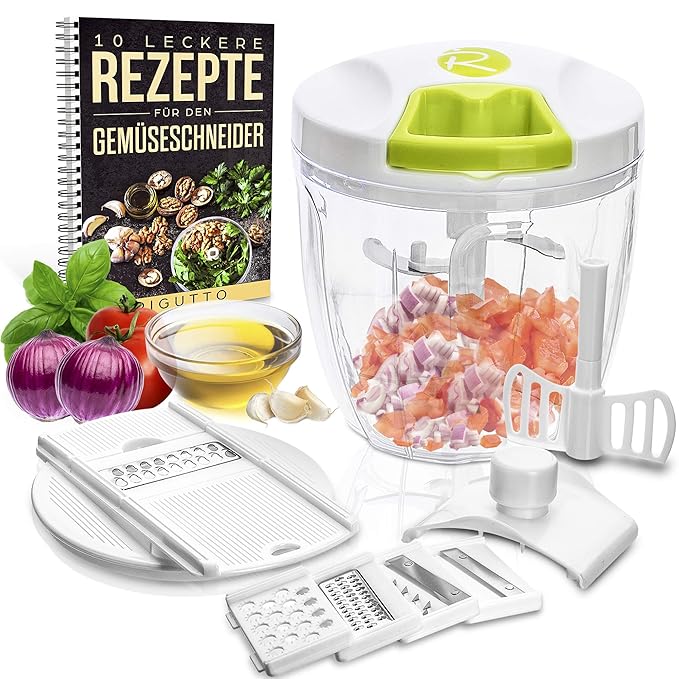 Rigutto Zwiebelschneider inkl. Gratis E-Book | 3-in-1 | Set mit Mixer, Reibe und Hobeleinsätzen | 900ml | Gemüseschneider Zwi