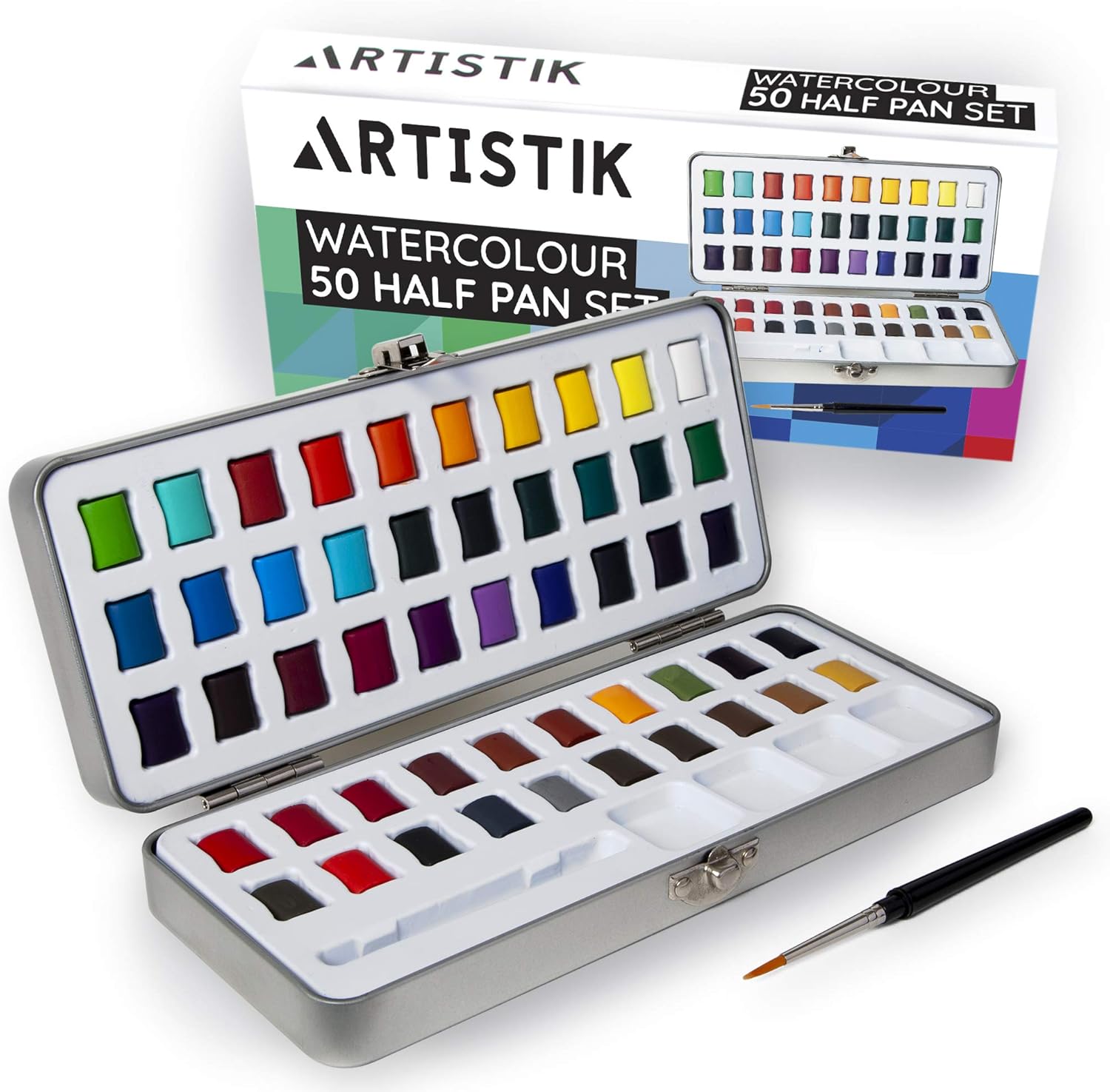 Amazon Co Jp Artistik 水彩絵の具セット 50色 ハーフパンパレットとポータブルメタル缶 プレミアム品質 アソート 鮮やかなカラーペイント ペイントブラシ付き 子供 初心者 学生 アーティスト用 ホーム キッチン