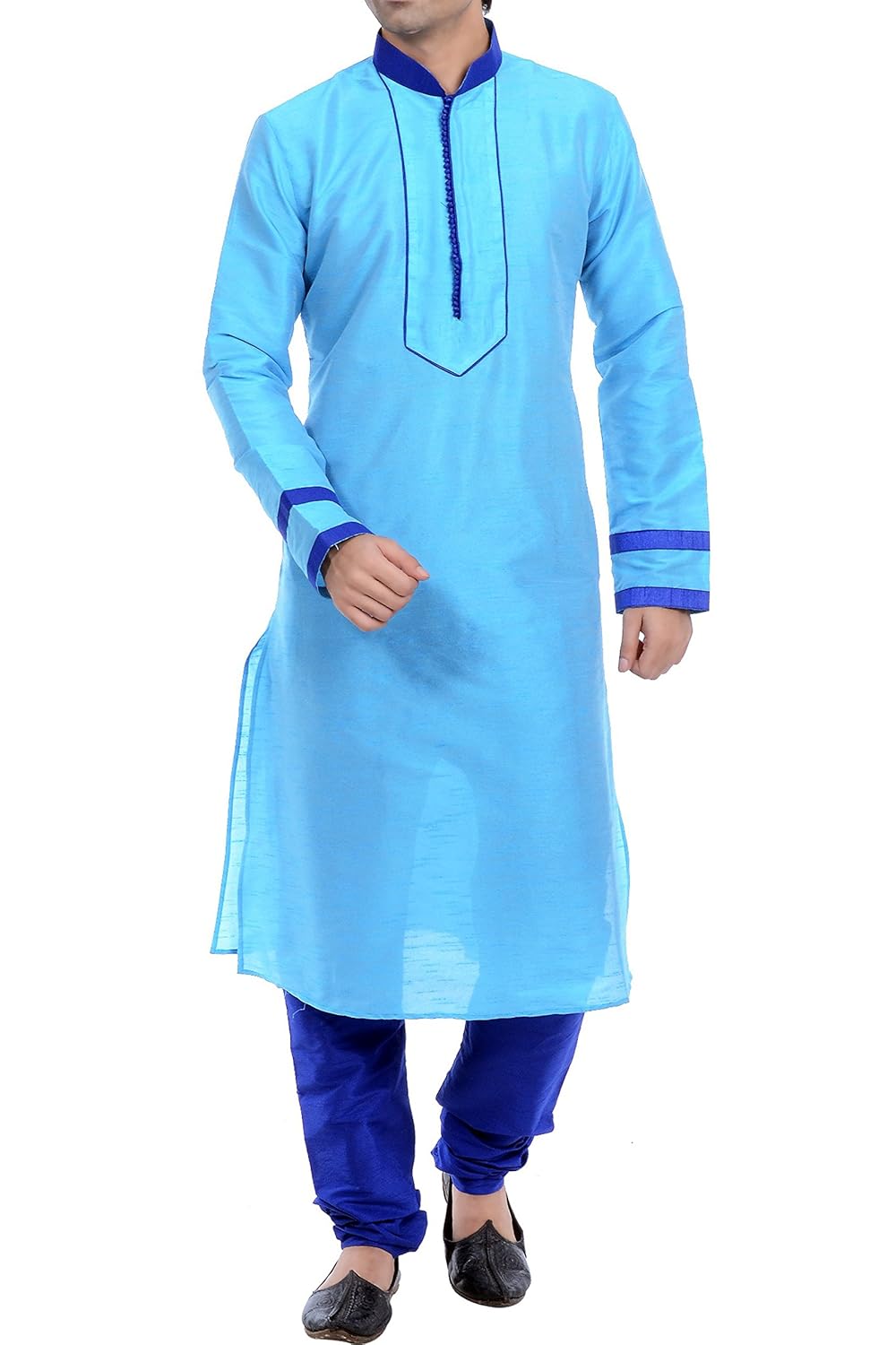 vastramay men's cotton silk aqua kurta & blue pyjama set (color aqua & blue)