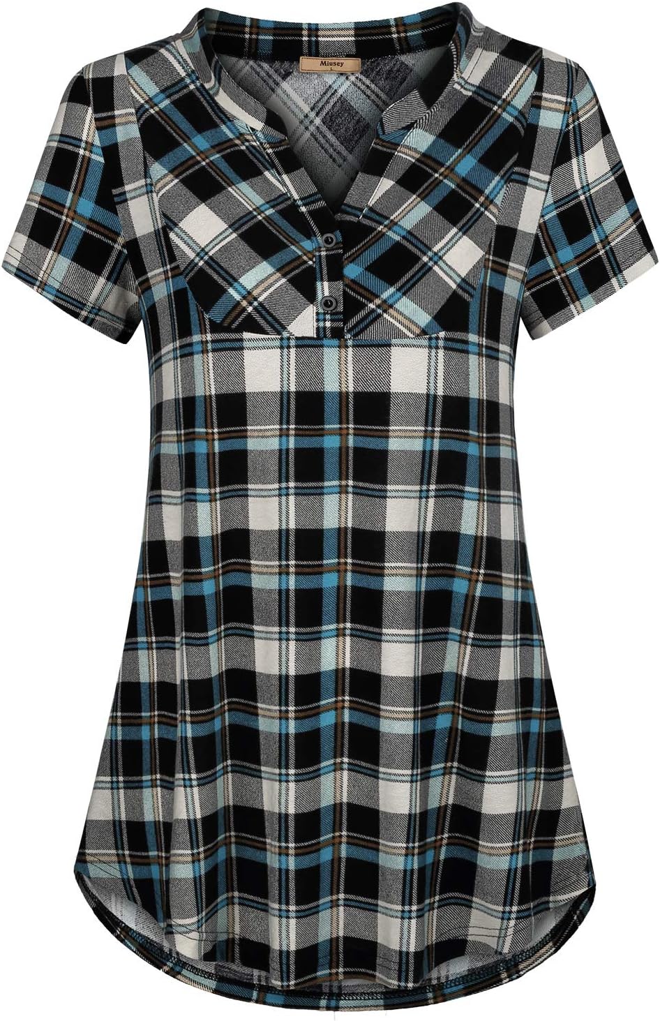Womens Mandarin Collar Plaid Roll Sleeve V Neck Flowy Loose Tunic Blouse