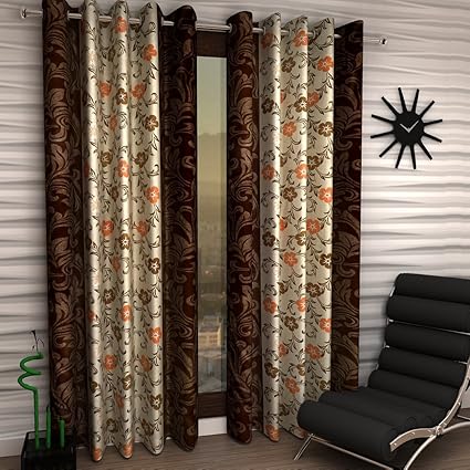 Home Sizzler Floral 2 Piece Eyelet Polyester Door Curtain Set - 7ft, Brown