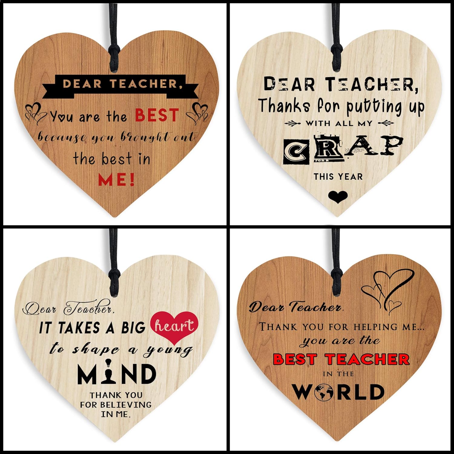 Set of 4 Heart Wooden Plaques for Teachers Hanging Handmade Plaque