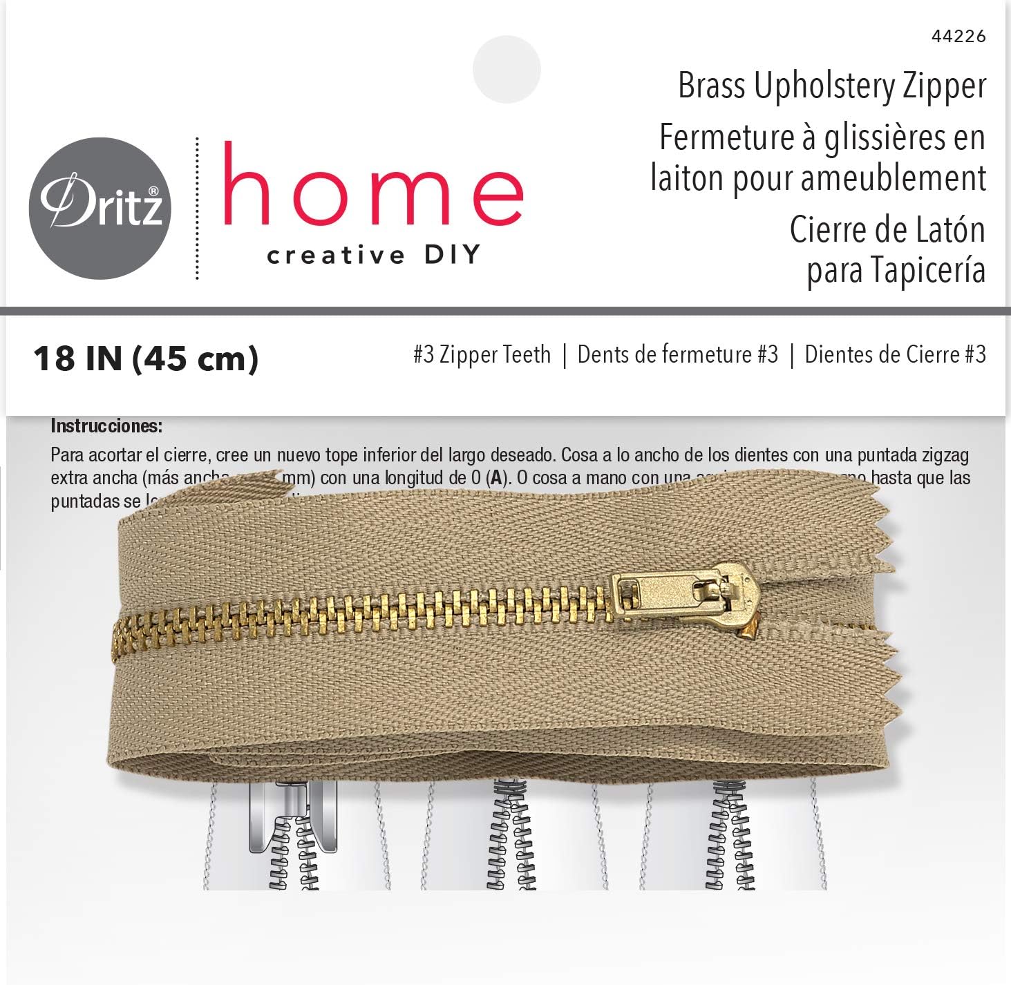 Dritz Home 44226 Brass Upholstery Zipper, 18Inch, Beige
