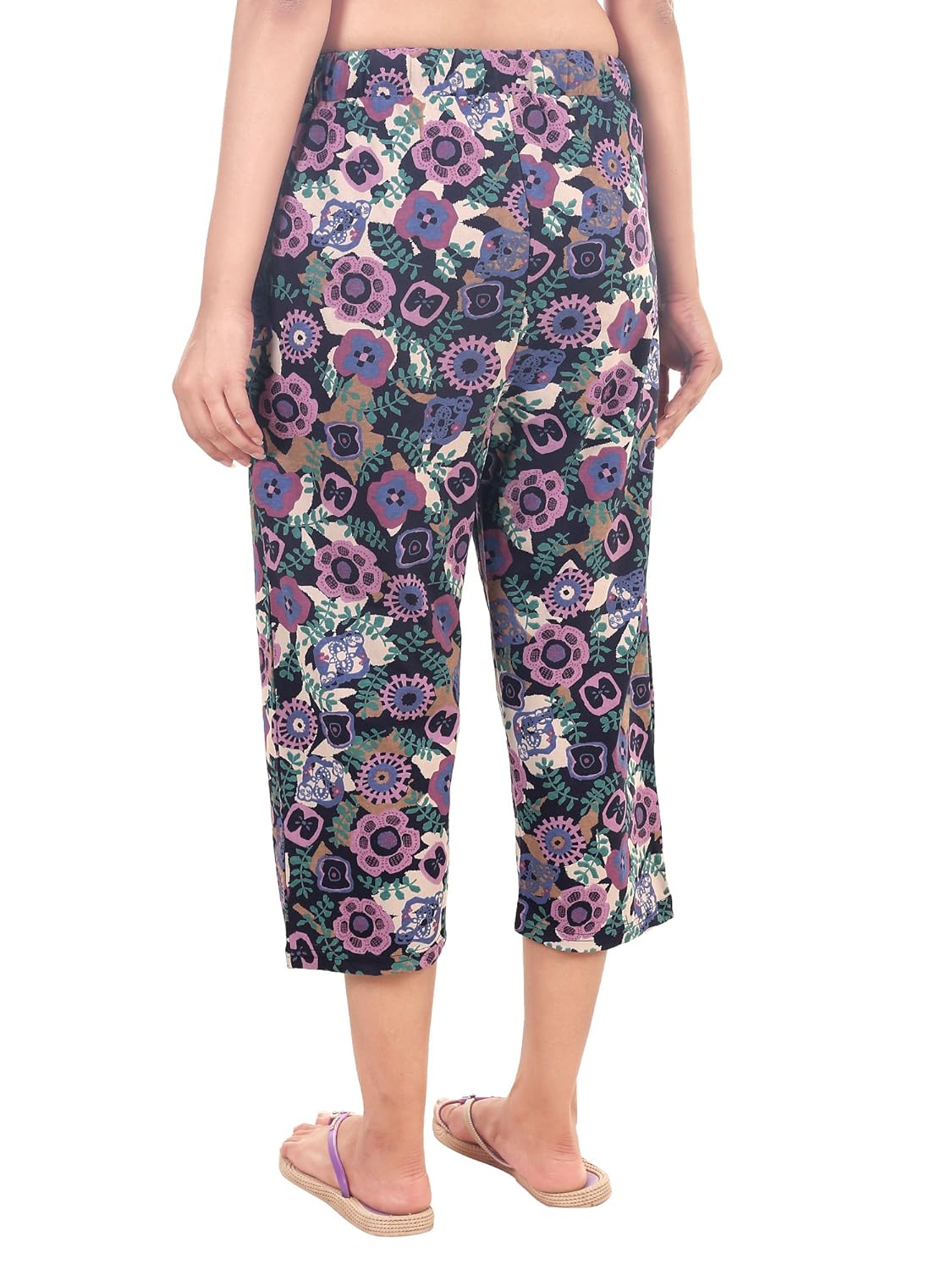 9teenagain women's cotton hosiery nightwear capri(navy blue & purple printed)