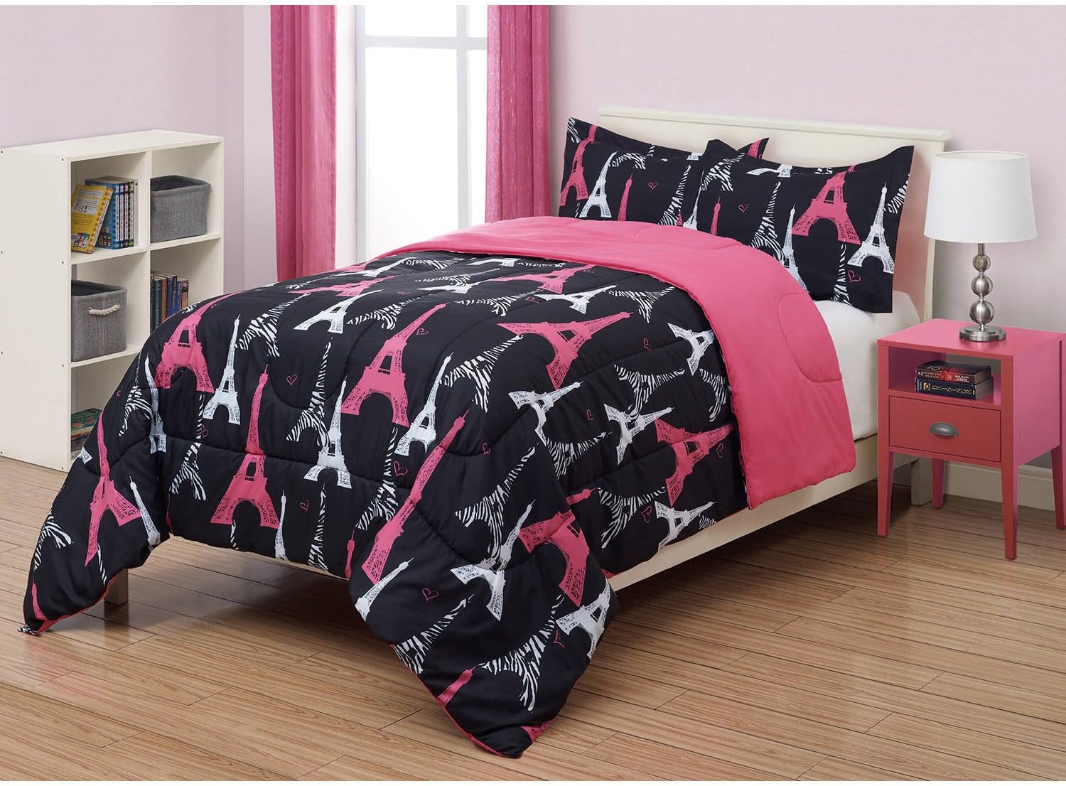 Main house 3 pc Black Pink I Love Paris Eiffel Tower Full Queen Comforter Set