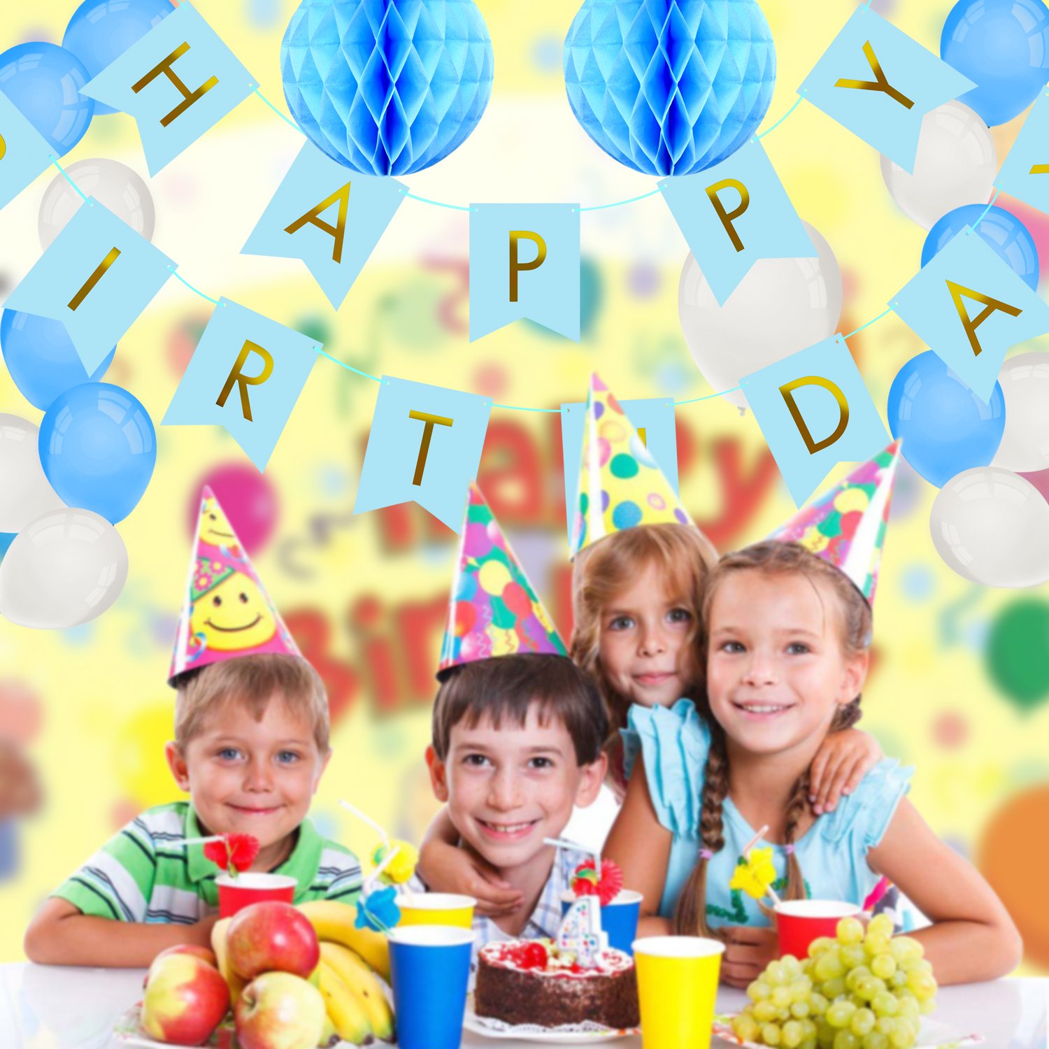 Foonii 22Pièces Happy Birthday Bleu Bannière Tissue Joyeux anniversaire Fête Thème Bleu Boules de Fleur en Papier Lanterne Guirlandes Fanions Kit, Thème Bleu anniversaire Fête