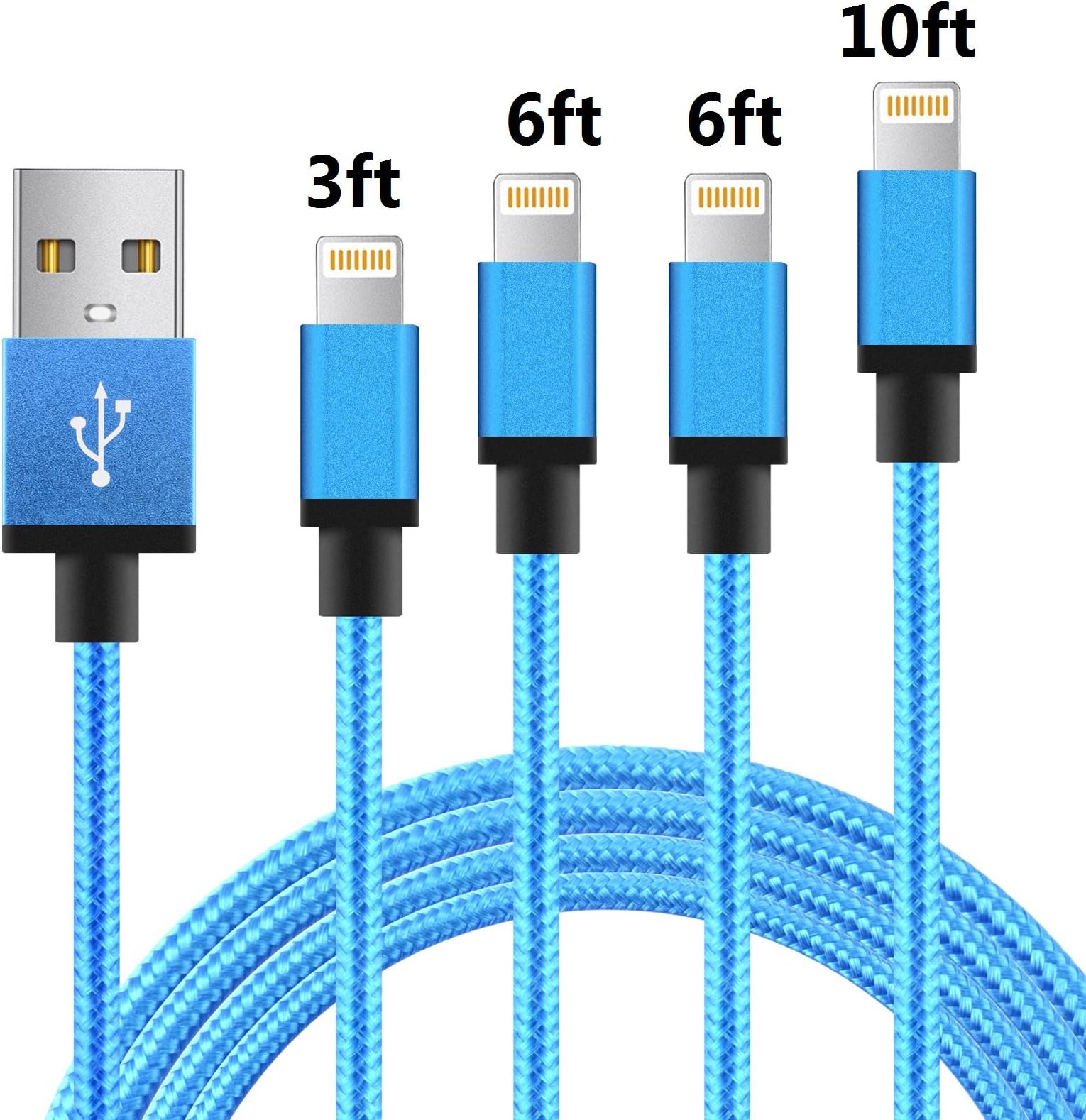 iPhone Charger iPhone cables MFi Certified 4 pack 3ft 6ft 6ft 10ft Lightning Cable Nylon Braided USB Charging & Syncing Cord Compatible iPhone Xs/Max/XR/X/8/8Plus/7/7Plus/6/6S Plus/SE/iPad