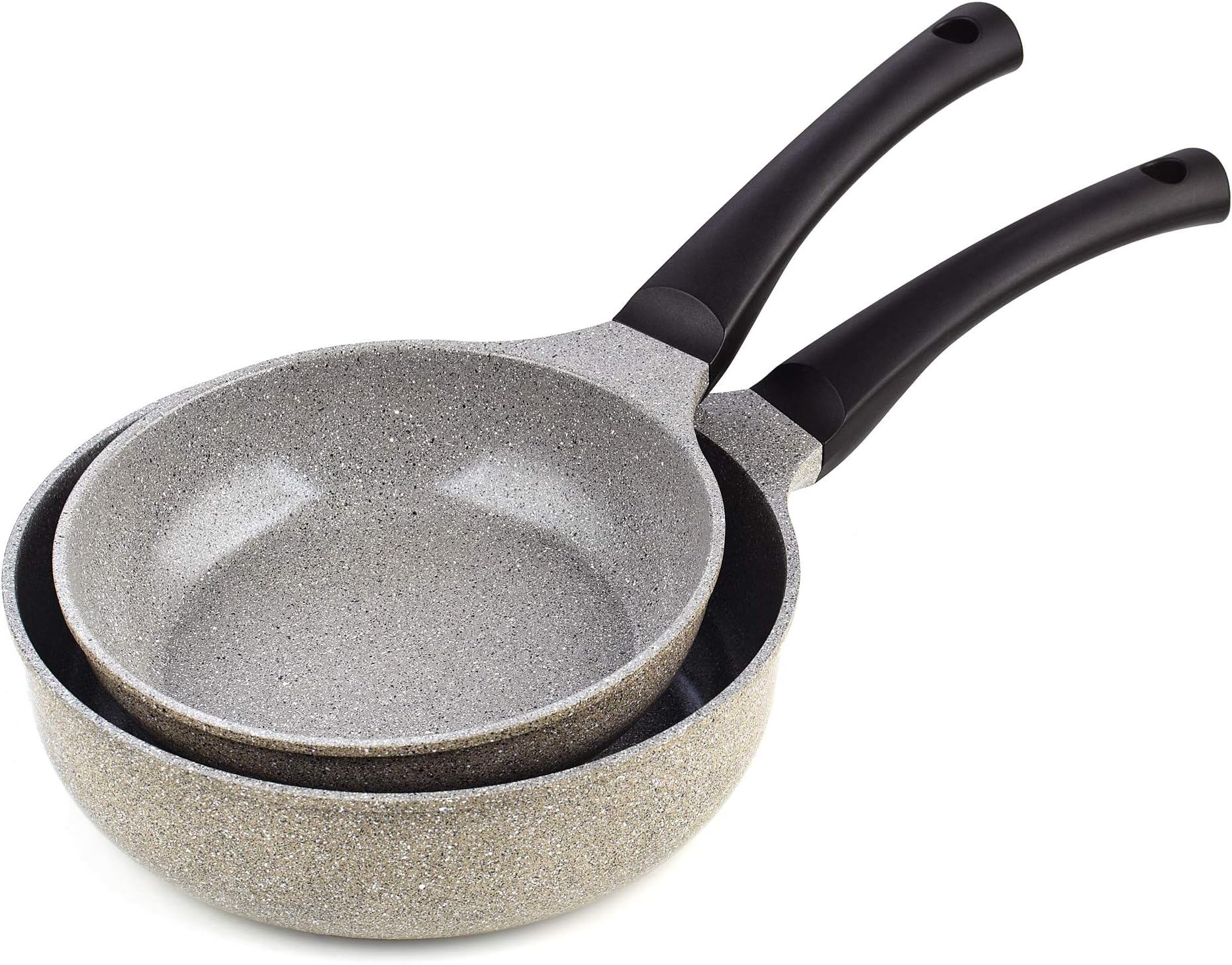 Cook N HomeNonstick Saute Skillet Pans 8 inch + 9.5 inch 2pc Set, Ceramic Marble Coating Deep Frying Pan Wok Stir-Fry Sauté Pan, Earth