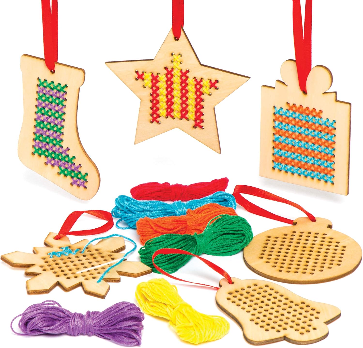 Baker Ross AC505 Christmas Wooden Decoration Cross Stitch Kits (Pack of 6), Assorted, 7cm-9cm wide - Image 5