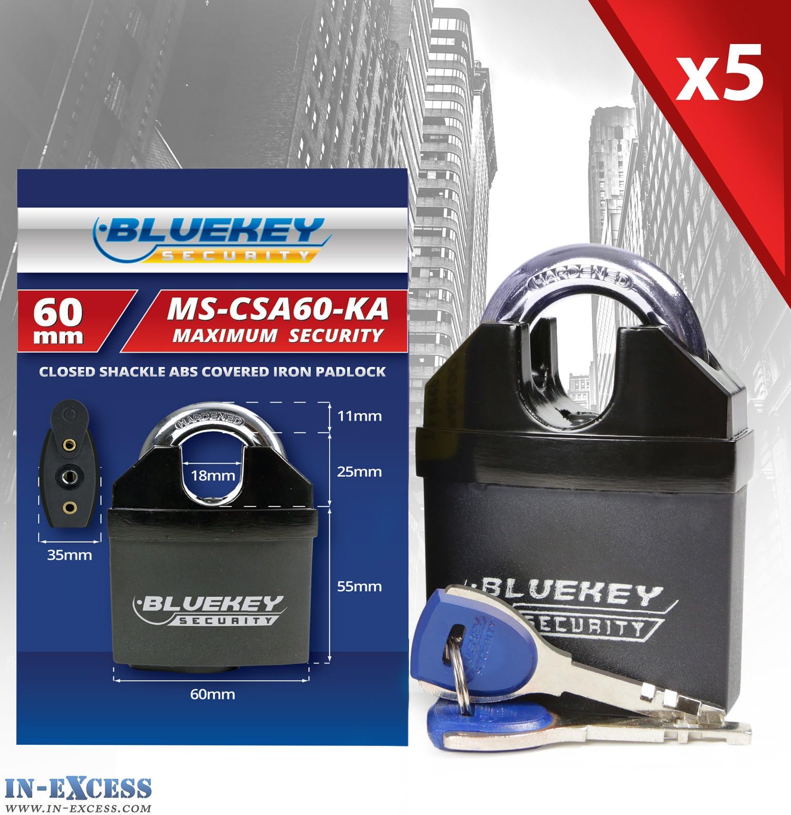 Qty 5 - Bluekey Solid Iron Body Keyed Alike 60mm Padlocks MS-CSA60-KA