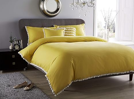 Designer Pom Pom Duvet Cover Bedding Set Luxury White Grey Mustard