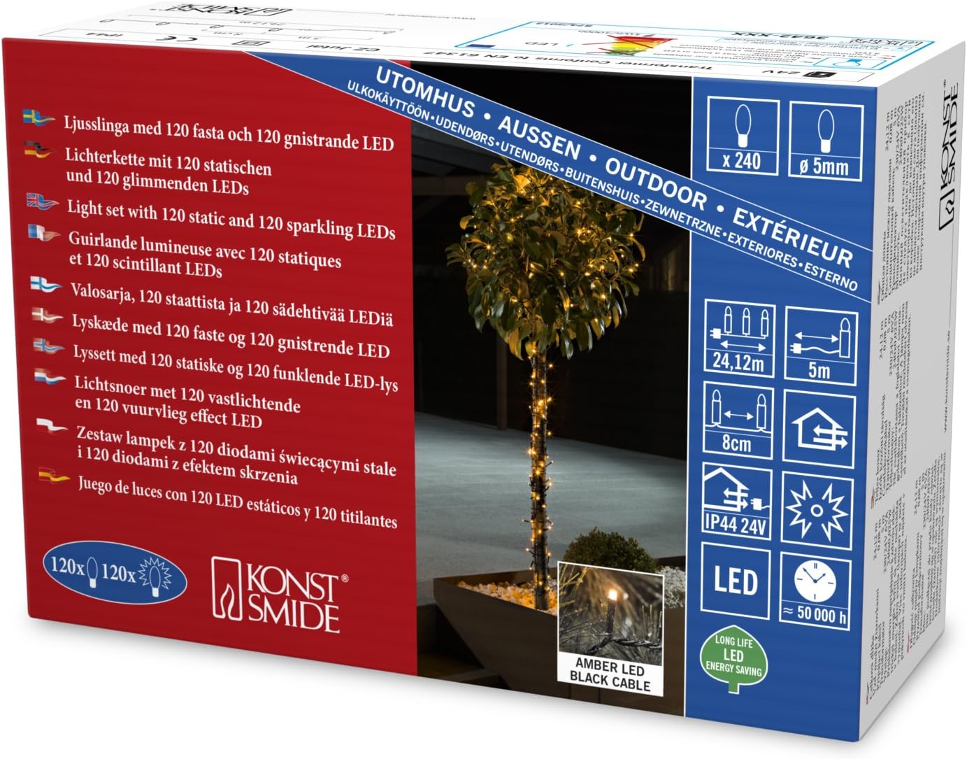 Konstsmide Micro LED Christmas Tree Lights with FireFly Effect / Outdoor or Indoor (IP20) / 24V Transformer / 240 Amber Diodes (120 Twinkling) / Black Cable String Lights