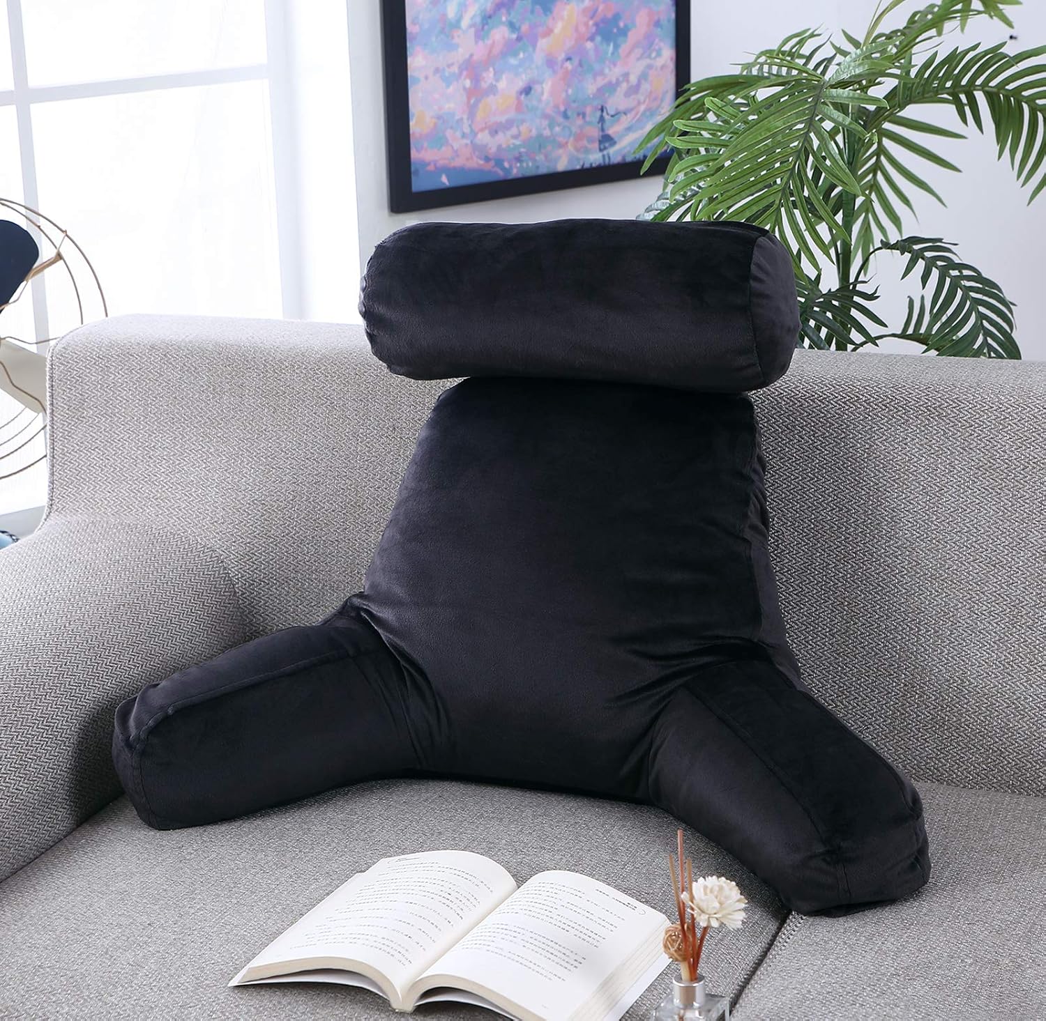 Britimes Reading Pillow with Arms, Pockets, Neck Roll and Memory Foam, Perfect for Back Support, Backrest Pillows for Sitting in Bed, Floor or Sofa, Black: Kitchen & Dining