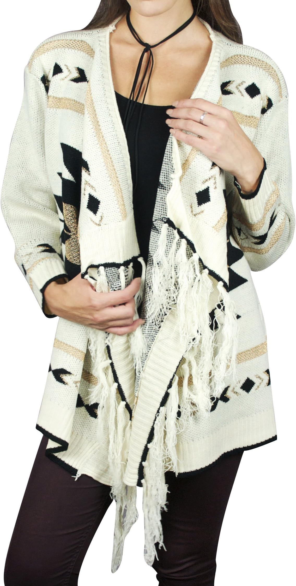 Daisy Del Sol Aztec Tribal Thick Knit Oversize Open Wrap Fringe Sweater Cardigan
