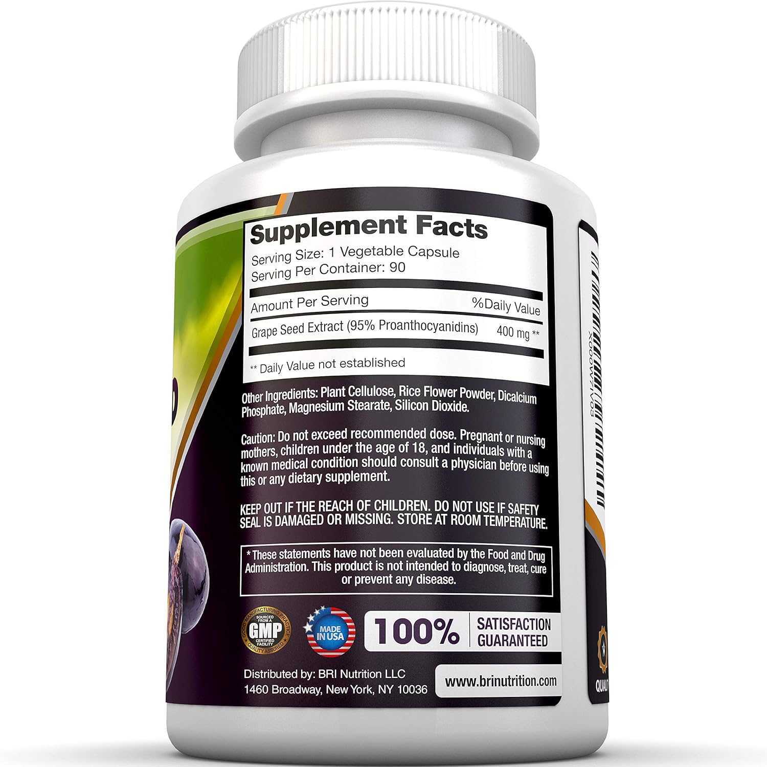 BRI Nutrition Grapeseed Extract - 400mg Maximum Strength 95% Proanthocyanidins Standardized Extract - Immune System Booster & Antioxidant for Heart, Brain, Bone & Skin Health - 90 Veggie Capsules: Health & Personal Care