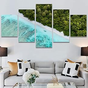 SIGNWIN 5 Panel Canvas Wall Art Aerial Beach...