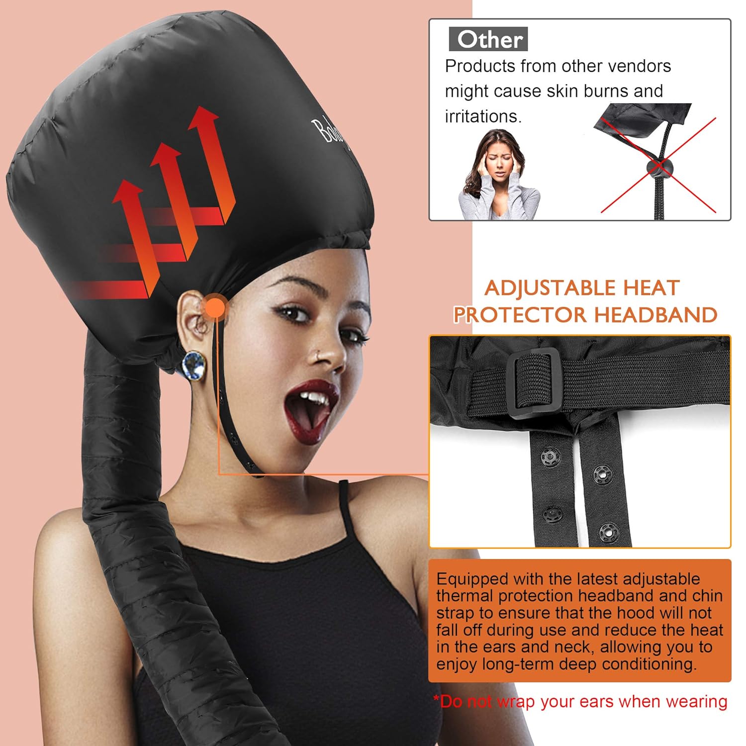 Bonnet Hair Dryer - Boloye Soft Bonnet Hood Hair Dryer Attachment with Heat Protector Headband to Reduces Heat Around Ears - Used for Curl, Hair Styling, Deep Conditioning and Hair Drying (Gray): Beauty