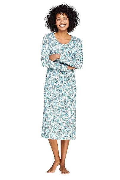 Lands' End Wadenlanges Baumwoll- Langarm-Nachthemd, Gemustert, für Damen