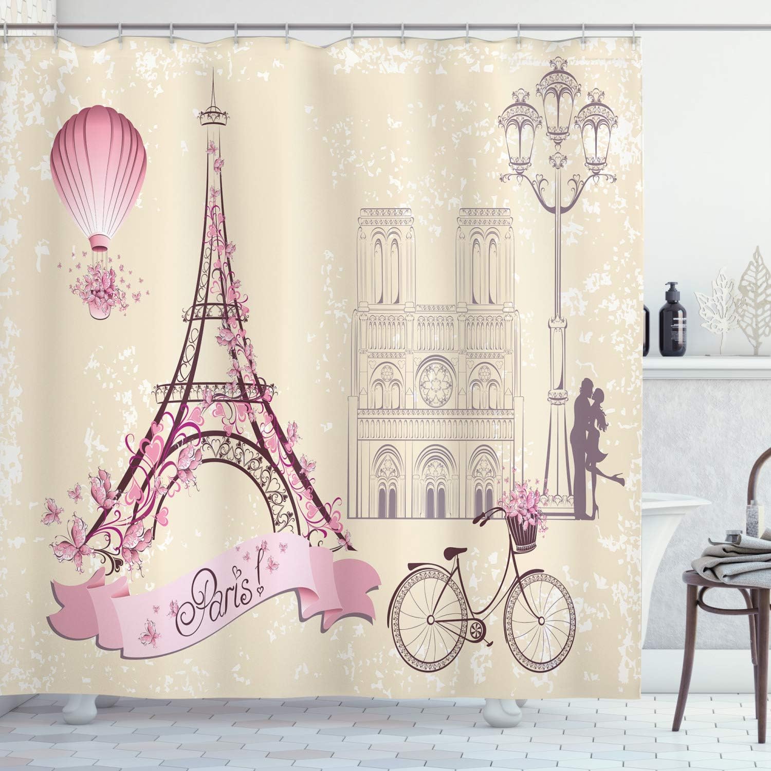 Amazon Com Ambesonne Kiss Shower Curtain Floral Paris Symbols Landmarks Eiffel Tower Hot Air Balloon Bicycle Romantic Couple Fabric Bathroom Decor Set With Hooks 70 Inches Ivory Pink Home Kitchen