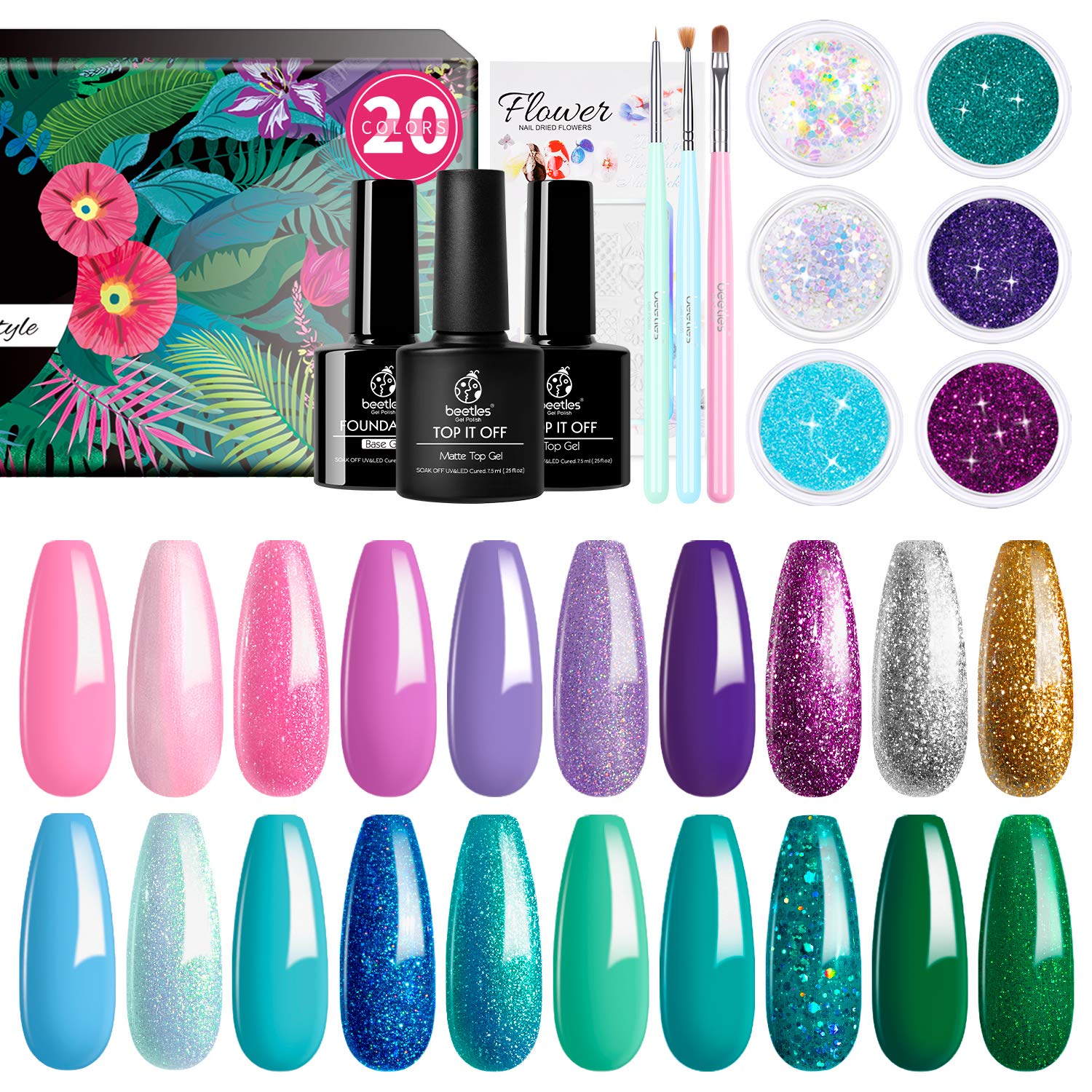 Beetles Gel Nail Polish Kit, Mermaid Mantra 20 Colors Soak Off U V Gel Polish Starter Kit with 1 Base Coat 1 Glossy & 1 Matte Top Coat 3 Nail Brushes 6 Colors Glitter 1 Mermaid Nail Stickers : Beauty