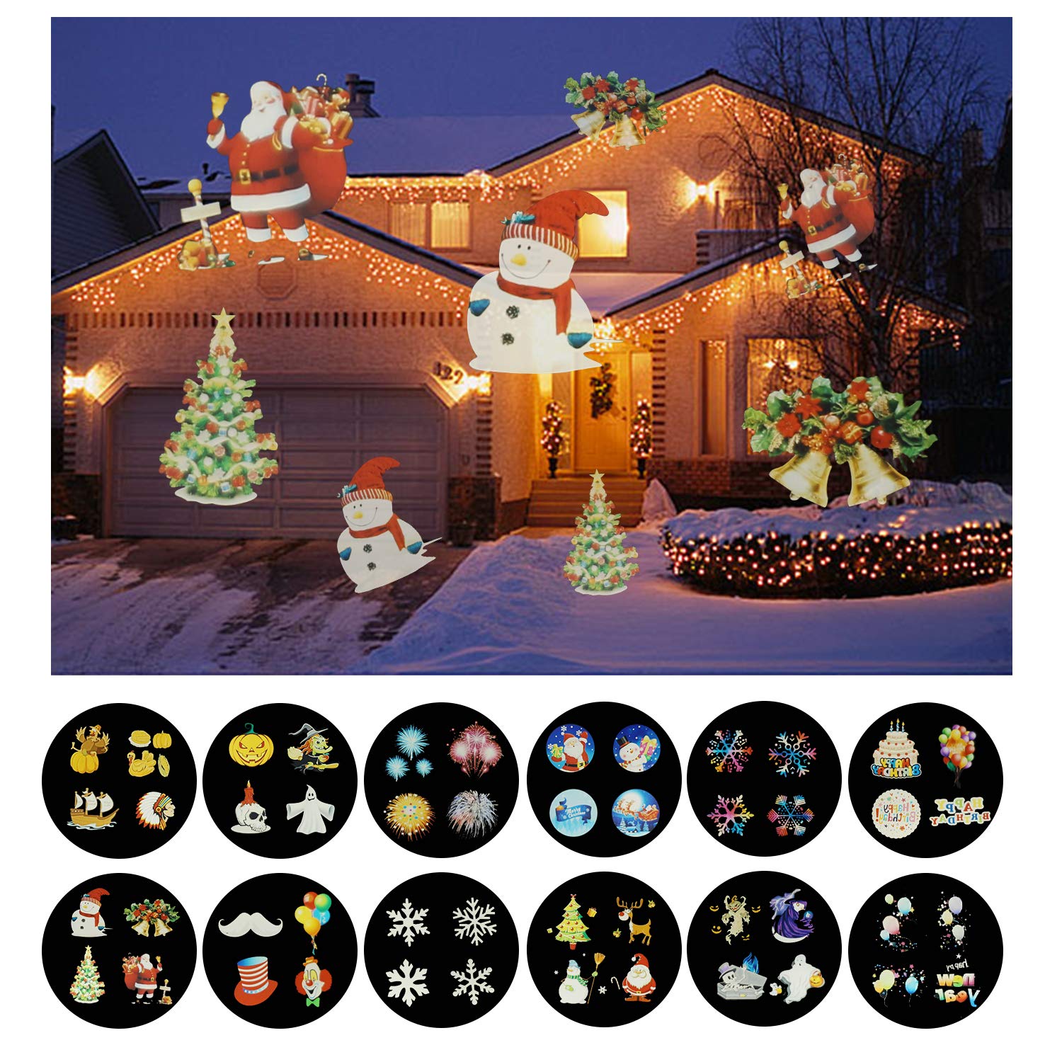 LED-Projektor für Weihnachten, Handheld-LED-Projektor 12 Folienmuster mit Musik für Geburtstag, Halloween, Weihnachten, Neujahr
