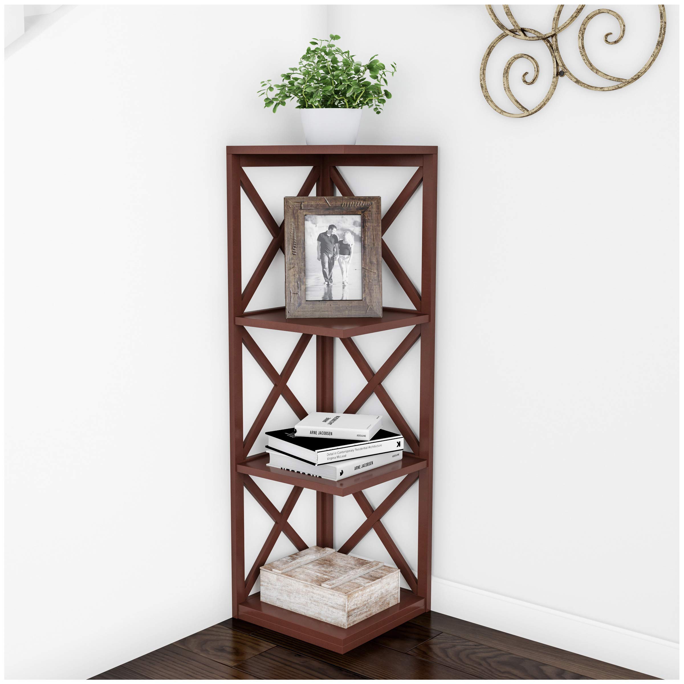 Lavish Home4-Shelf Corner Bookcase- Open Criss-Cross Style Etagere, Brown