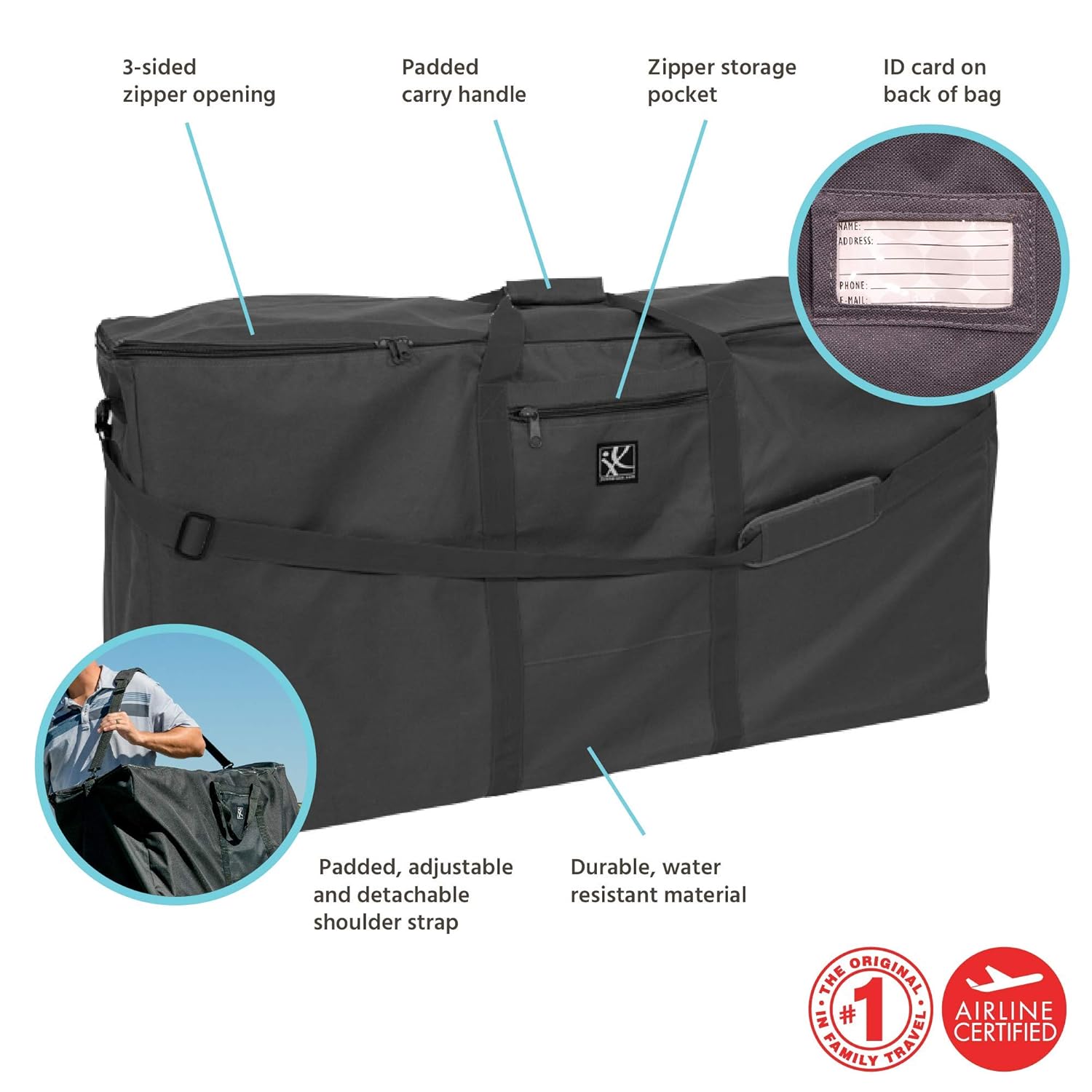 J.L. Childress Stroller Travel Bag for Single and Double Strollers, Durable and Protective, Water-Resistant and Easy Clean, Carry Handles and Detachable Padded Shoulder Strap, Black : Baby Stroller Travel Bags : Baby