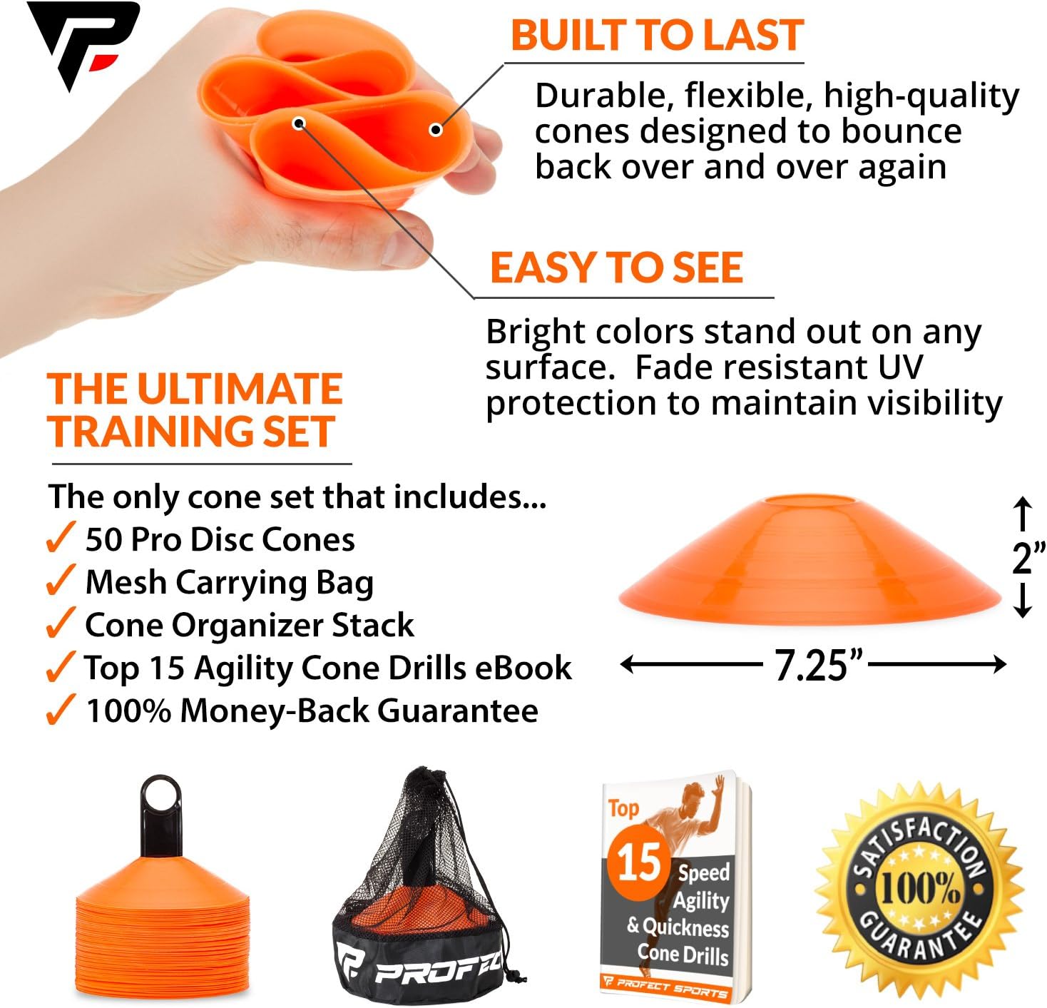 Pro Disc Cones (Set of 50) - Agility Soccer Cones with Carry Bag and Holder for Training, Football, Kids, Sports, Field Cone Markers - Includes Top 15 Drills eBook (Bright Orange) : Sports & Outdoors