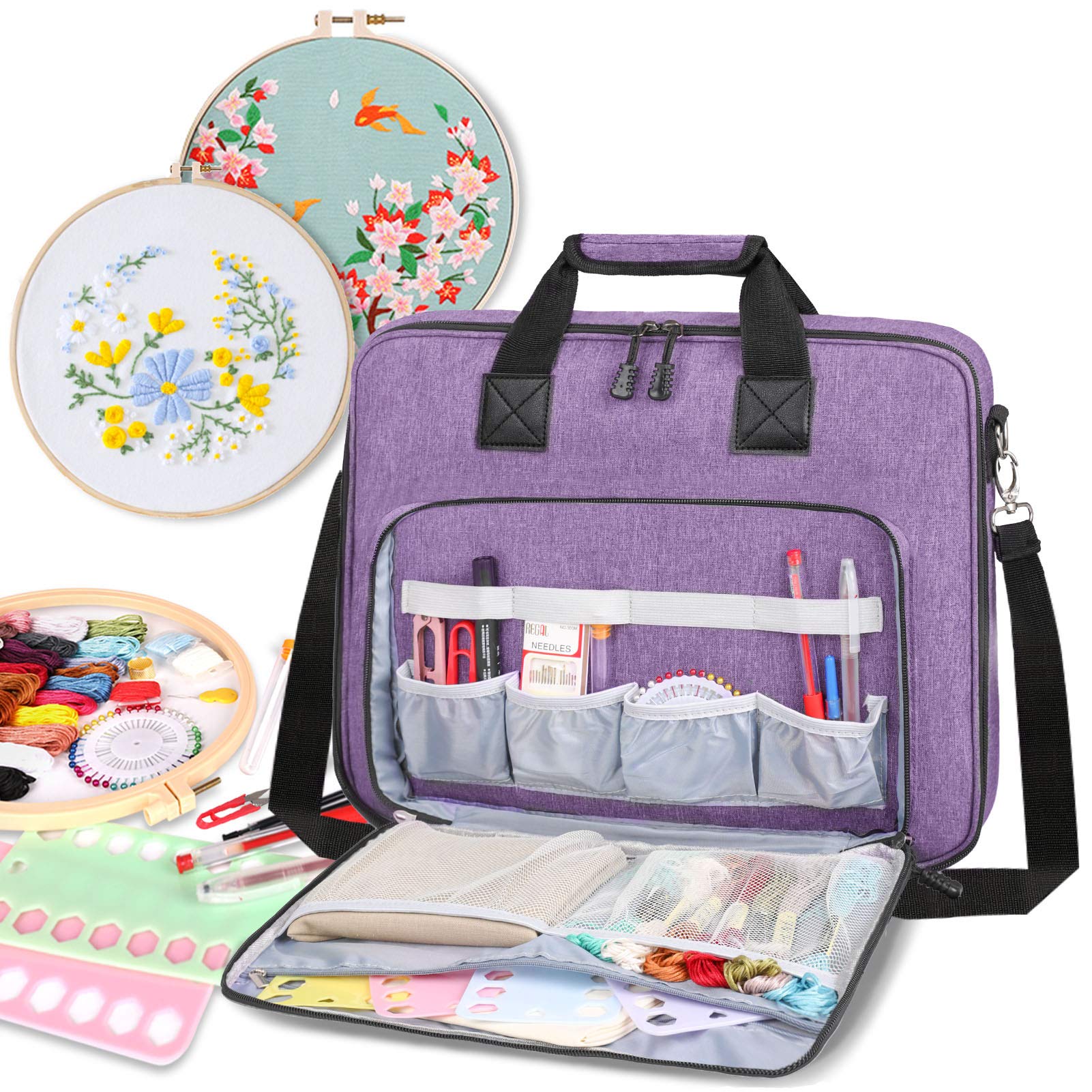 LLYWCM Embroidery Project Bag - Multifunctional Embroidery Kits Storage Bag for Embroidery Floss and Crochet Hooks Sewing Accessories (Bag Only) (Purple)