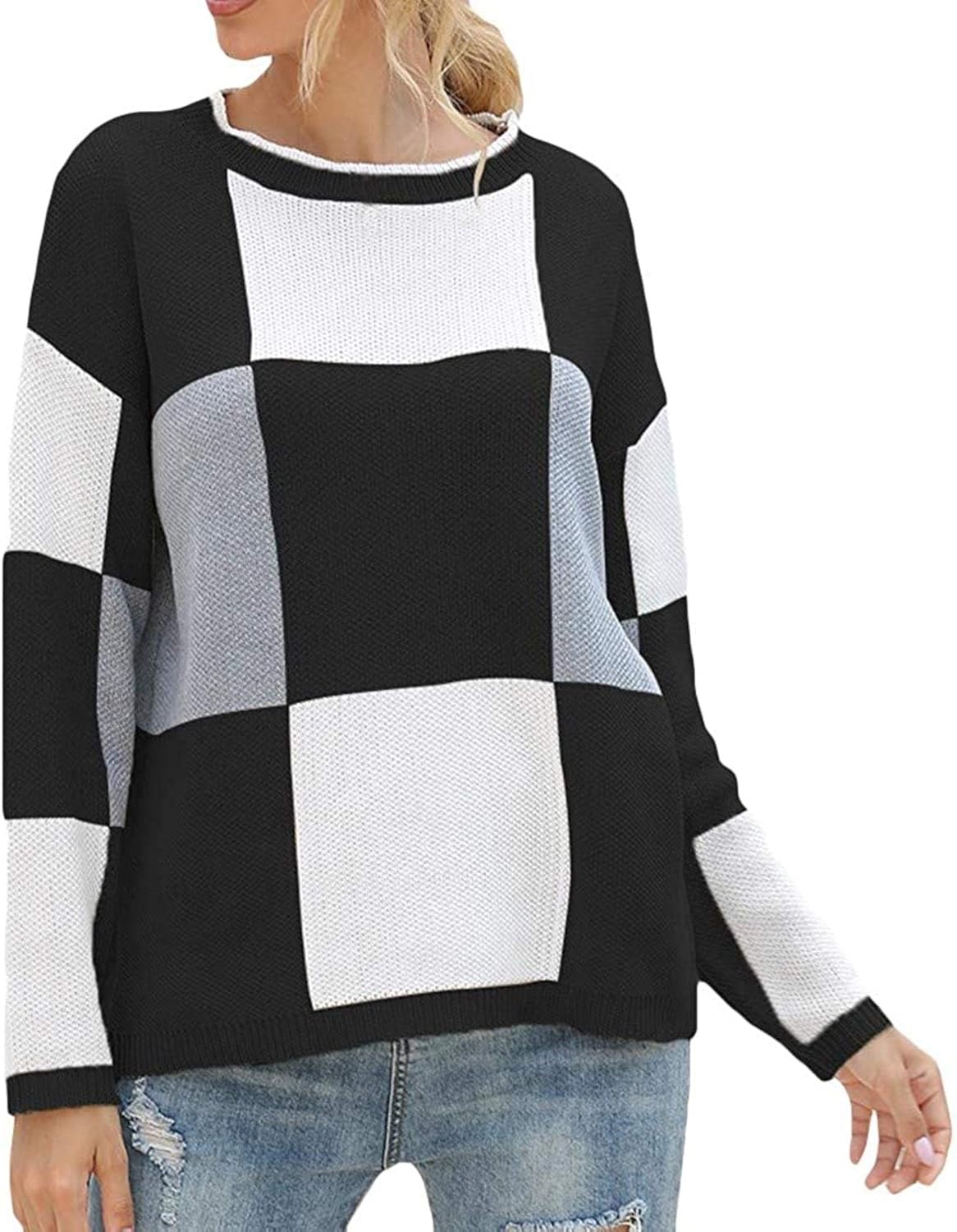 Women Plaid Sweater Mock Neck Color Block Long Sleeve Casual Knit