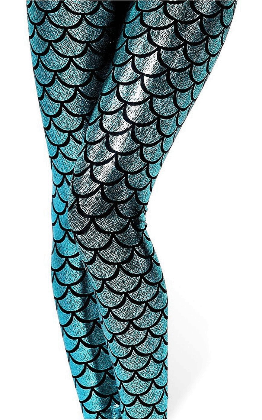 BELIFECOS Womens Mermaid Fish Scale Printing Full Length Leggings,S(US 4-8),Blue