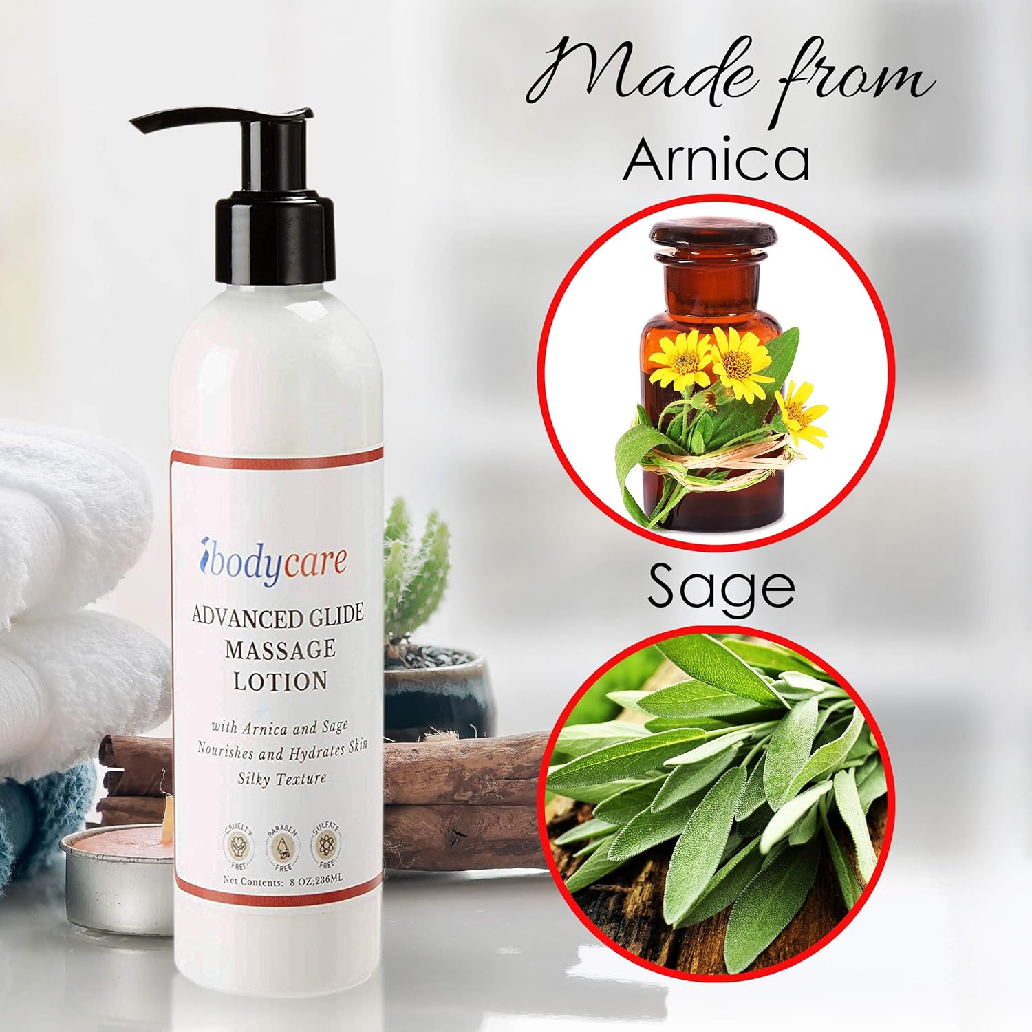 ibodycare Advanced Glide Massage Lotion for Massage Therapy, Cream Lotion, with Arnica and Sage, Nourish and Hydrate Skin, Silky Texture (8-oz) : Beauty
