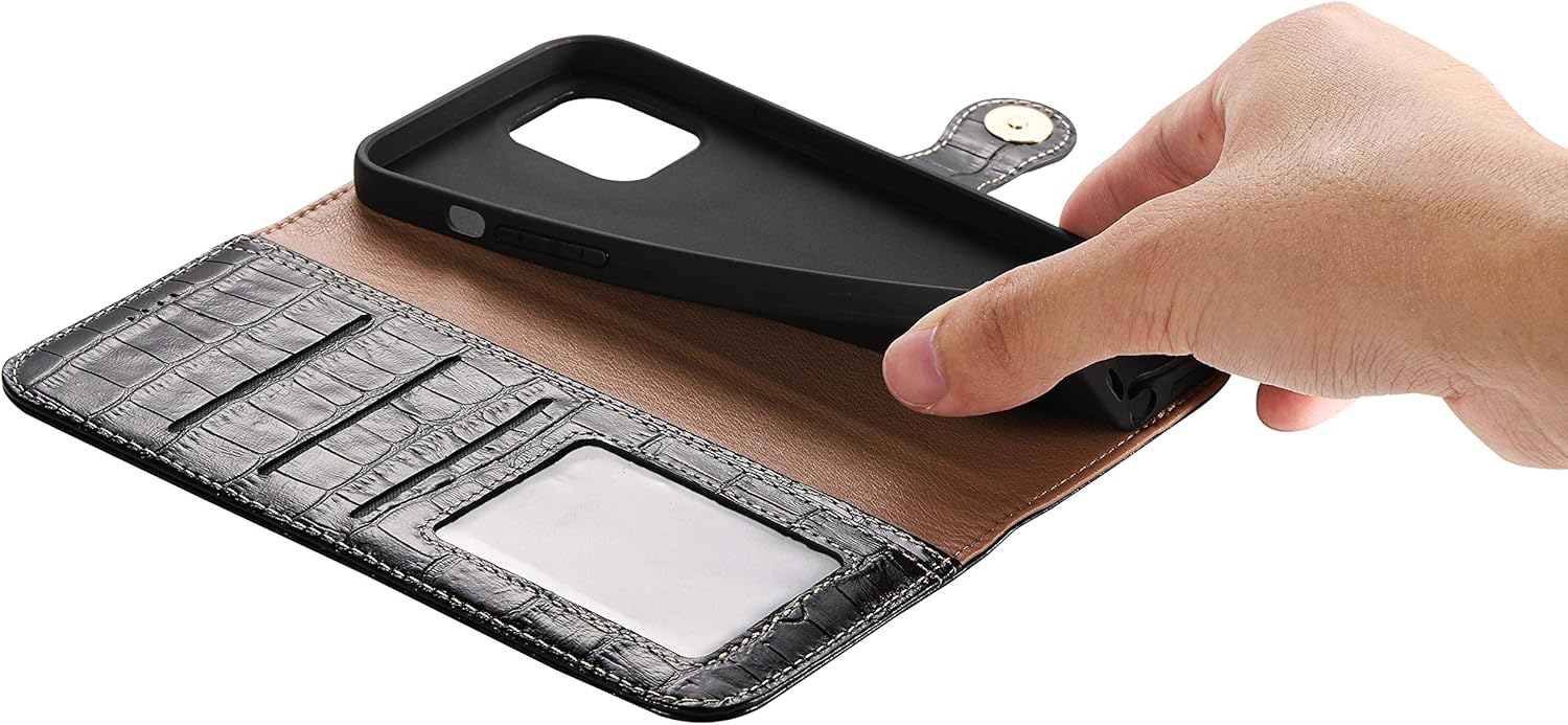 nincyee Genuine Leather Wallet Case for iPhone 12 Pro Max,Classic Crocodile Pattern Real Leather Flip Stand Case Cover with Card Slot Black - Image 5