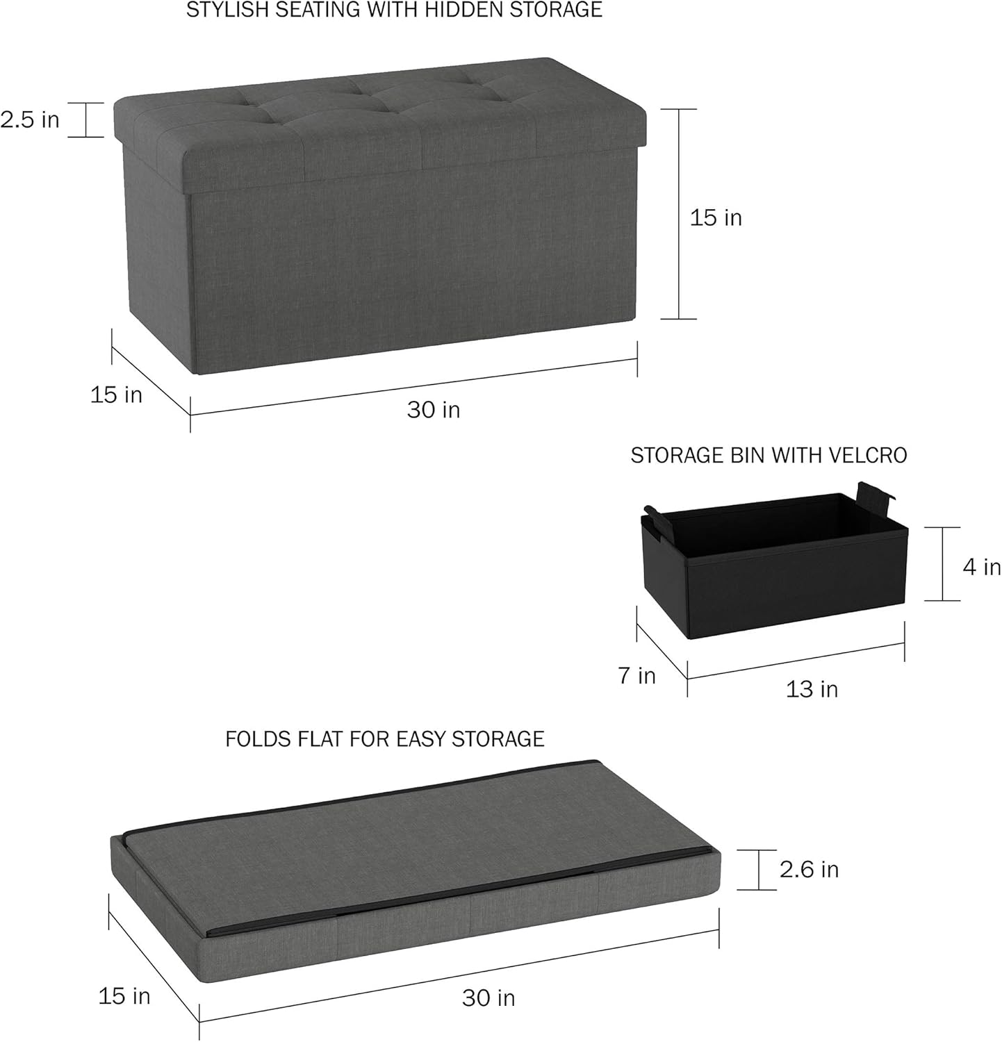 Lavish Home Large Folding Storage Bench Ottoman – Tufted Cube Organizer Furniture with Removeable Bin for Home, Bedroom, Living Room (Grey),: Kitchen & Dining