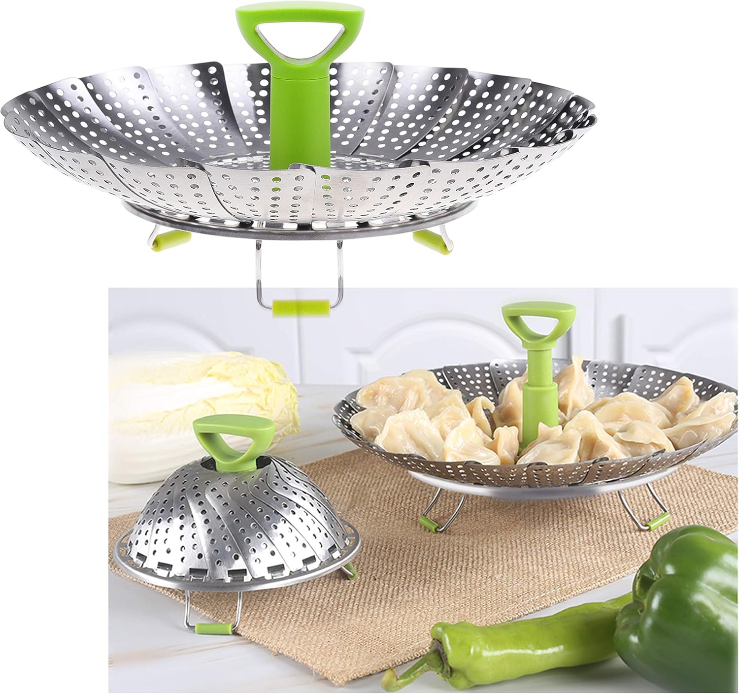 Kare & Kind 1x Adjustable Steamer Basket, Extendable Stainless Steel Steamer with Center Handle, 5.1" to 9", Foldable Feet - Image 5