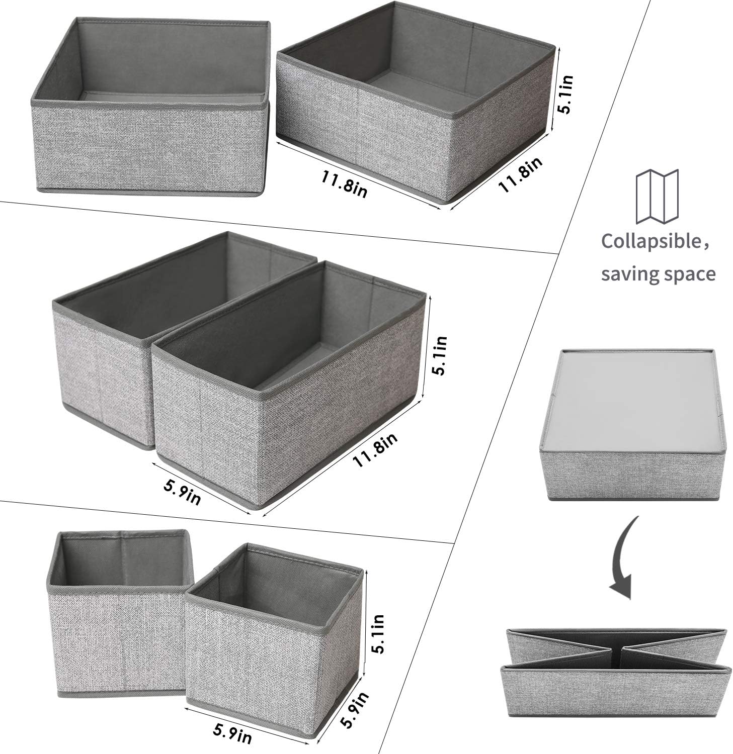 Criusia Underwear Drawer Organizer, 6 Set Foldable Underwear Drawer Organizer and Closet Dividers,Storage Box for Clothes, Socks, Underwear (6 Bins, Gray): Home Improvement
