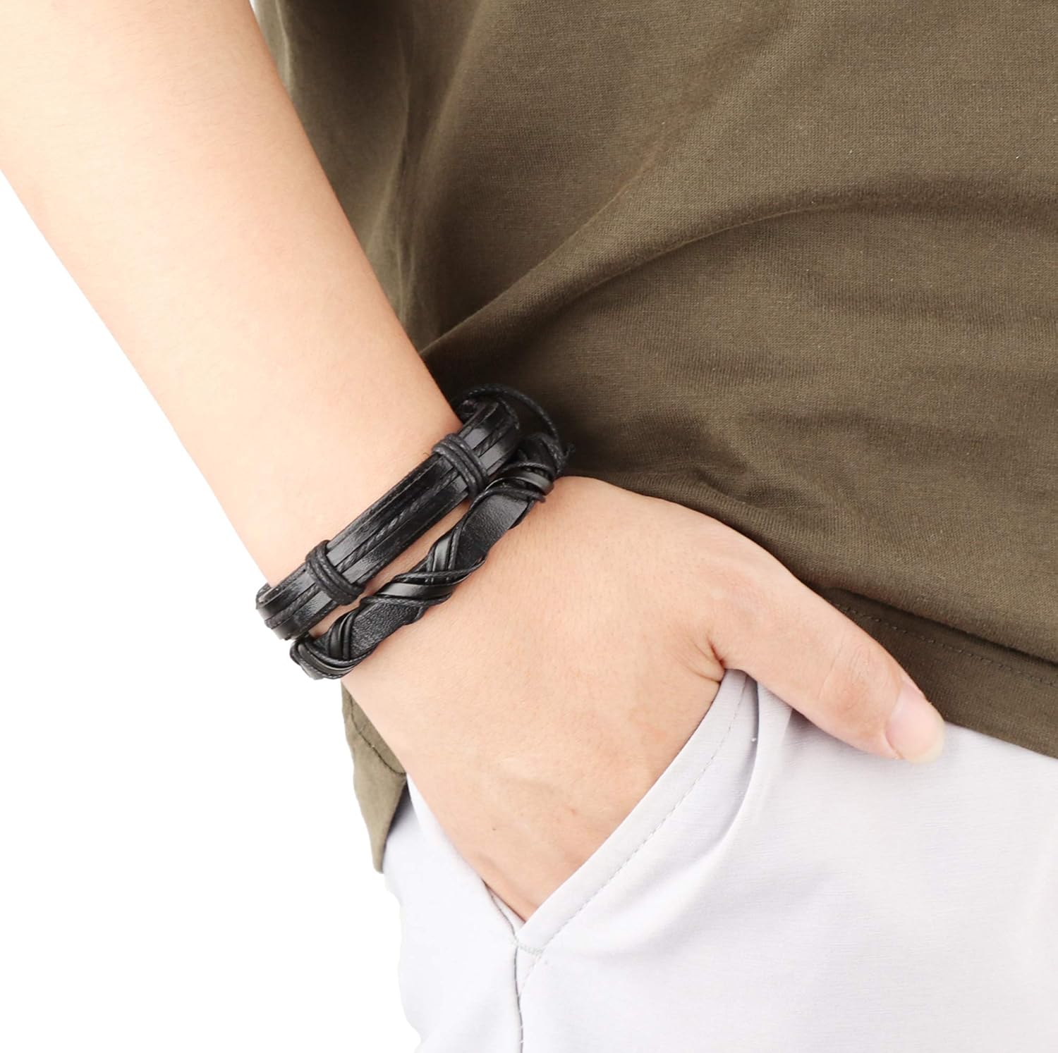 Jstyle 17Pcs Braided Leather Bracelet for Men Women Wooden Beaded Cuff Wrap Bracelet Adjustable Black: Clothing