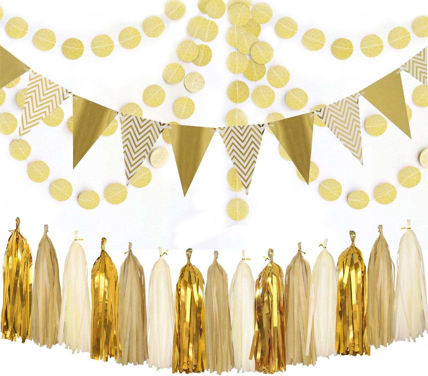 Sparkly Shiny Tassel Garland Tissue Pennant Banner and Glittering Garland Circle Dots Hanging Decorations Set for Party