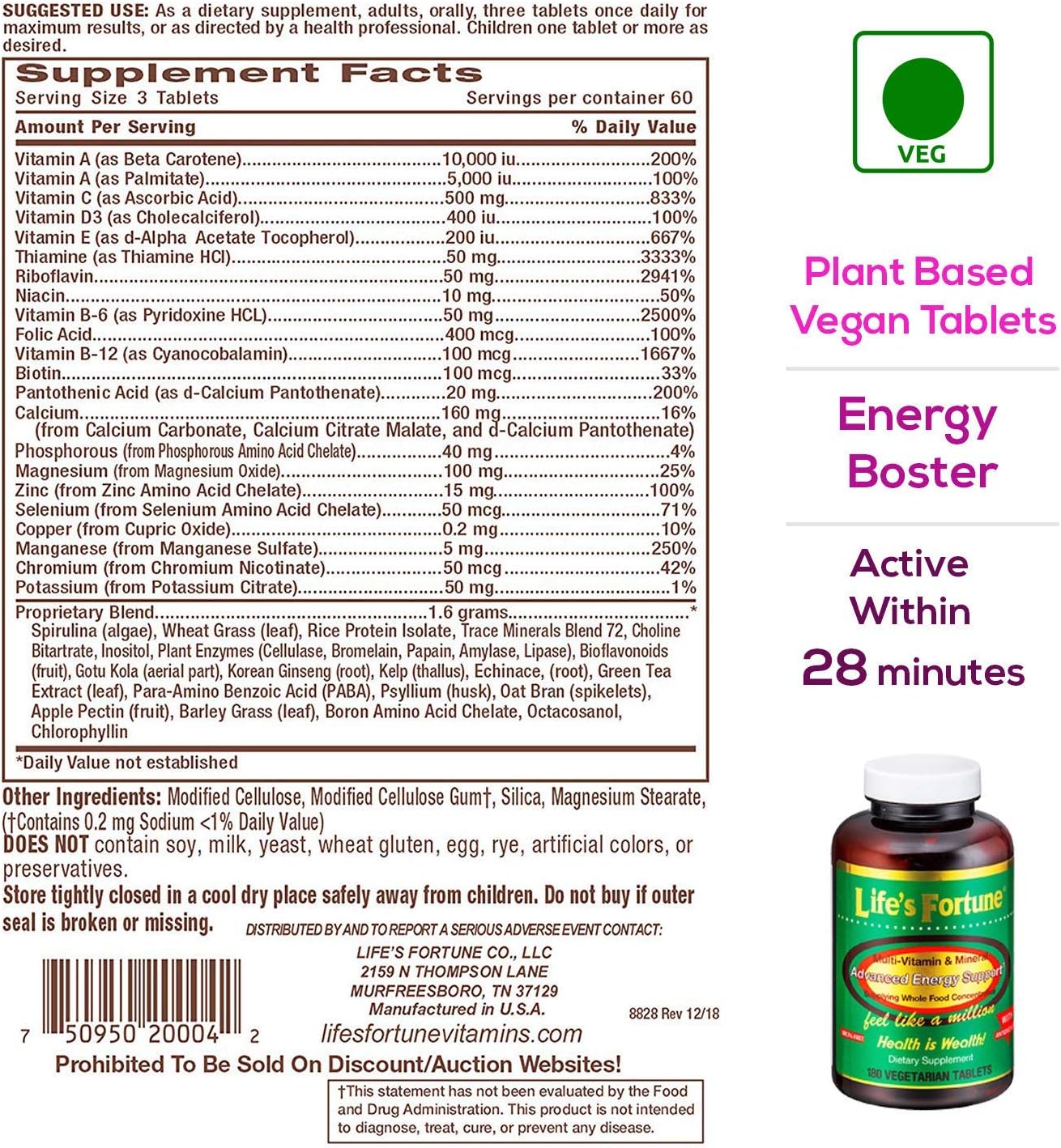 Life's Fortune Multivitamin & Mineral All Natural Energy Source Supplying: Health & Personal Care