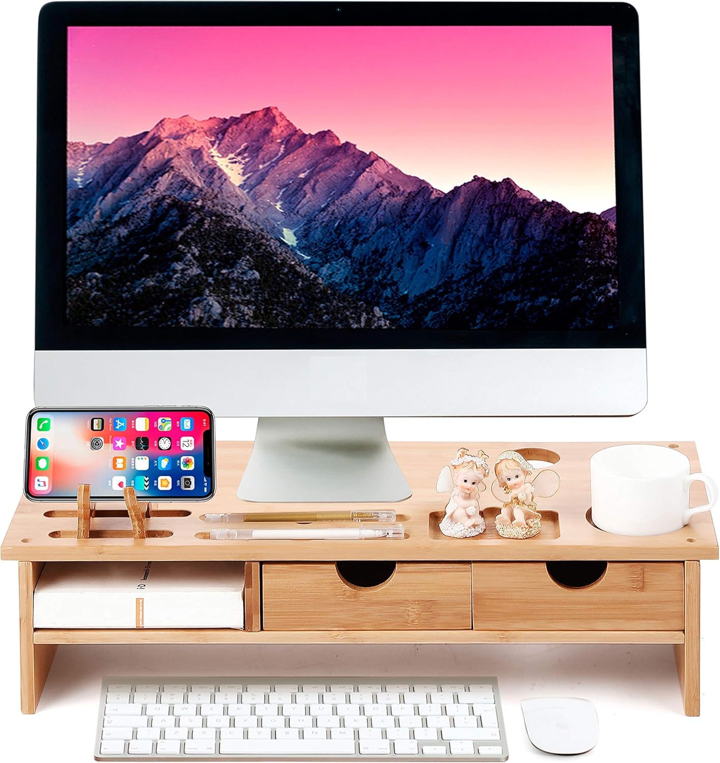 Monitor Stand Riser Desk Organizer-Bamboo 2 Tier Laptop Stand with Drawers, Adjustable Desktop Storage Organizer for Computer, Printer, Cellphone-Use in Office, Home/Reduce Neck &Eye Strain(Fawn) : Office Products