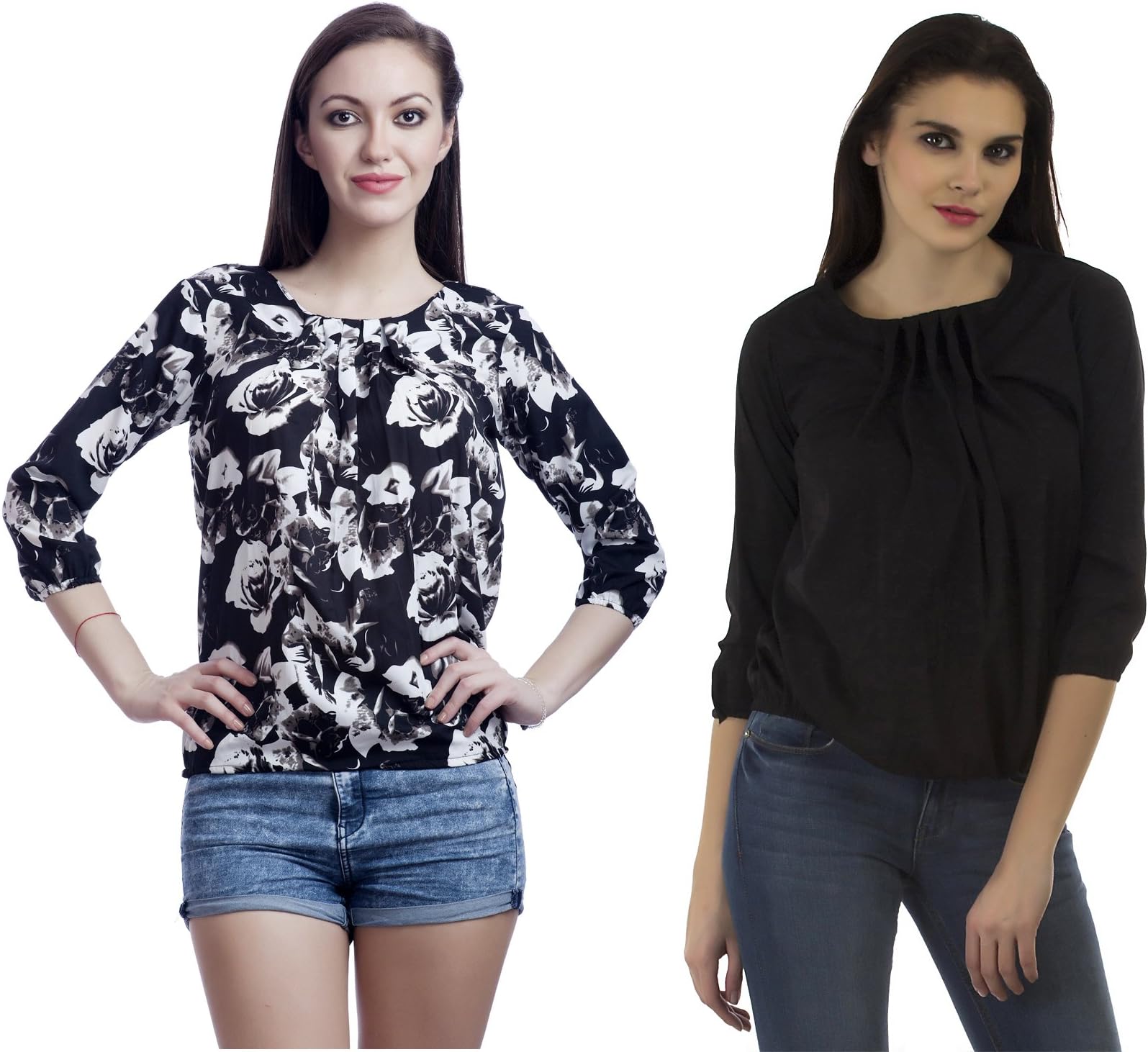 Stylesland Floral and Solid Black Balloon Womens Tops (Pack of 2)