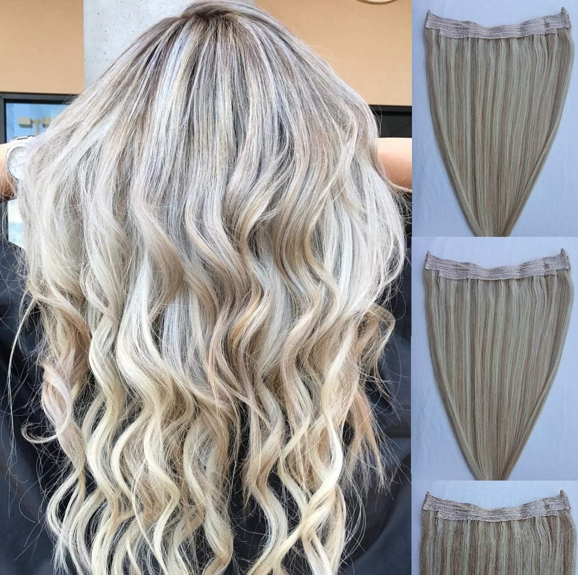 Hair faux You 100% Human Hair Extensions, Halo Style (One Piece No Clip) with an Adjustable Invisible Wire (Fishing String) #18/613, 18" L