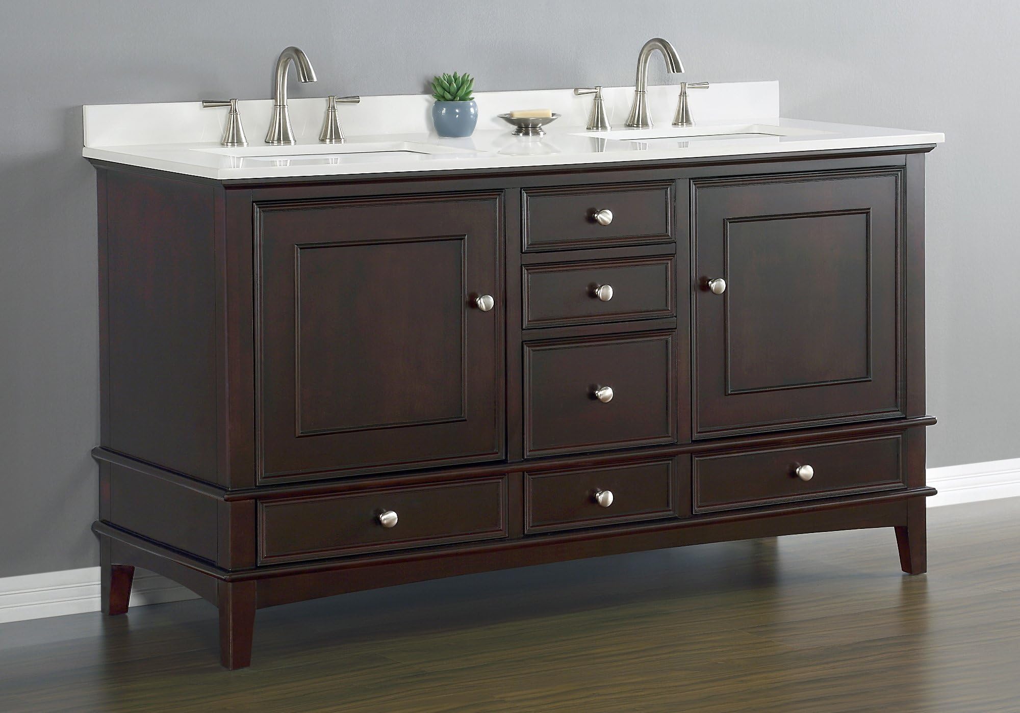 Cambridge Double Sink Vanity Set with Quartz Countertop Set, Espresso Finish, 60-inch